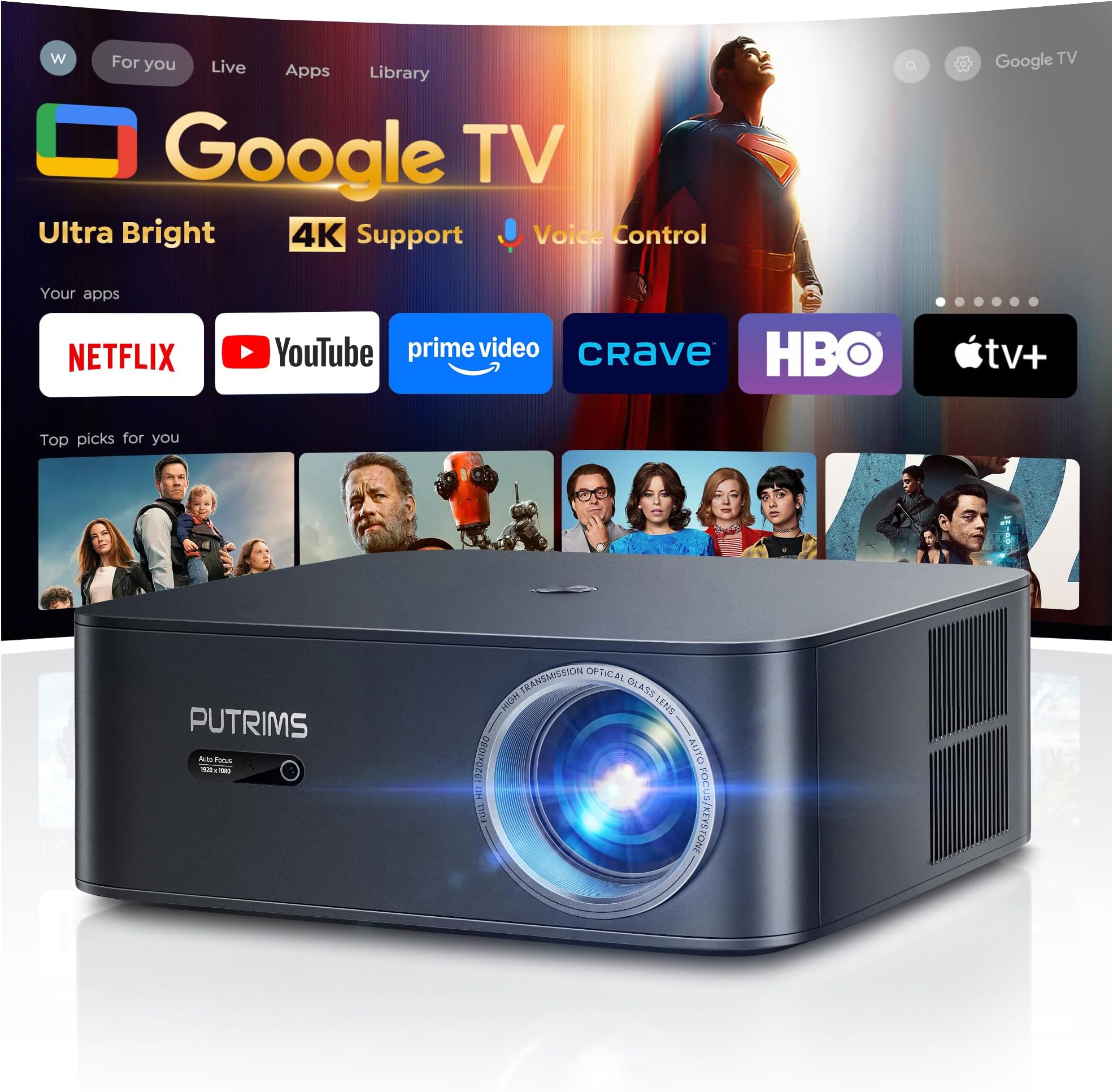 [Ultra Bright/Google TV/4K Support] Smart-Projector with WiFi 6 and Bluetooth, Built-in Apps, Outdoor Movie Proyector, 1080P Home Theater Auto Focus Projector, PUTRIMS K12 (Gray, Standard)