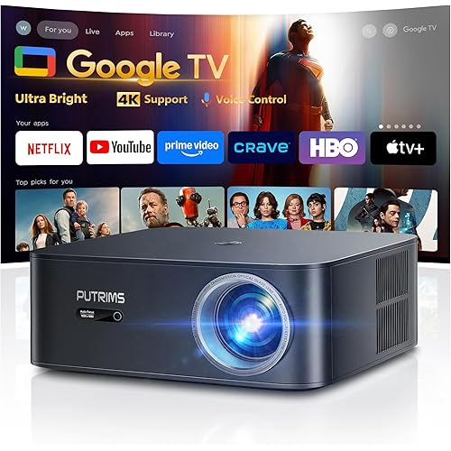 [Ultra Bright/Google TV/4K Support] Smart-Projector with WiFi 6 and Bluetooth, Built-in Apps, Outdoor Movie Proyector, 1080P Home Theater Auto Focus Projector, PUTRIMS K12 (Gray, Standard)