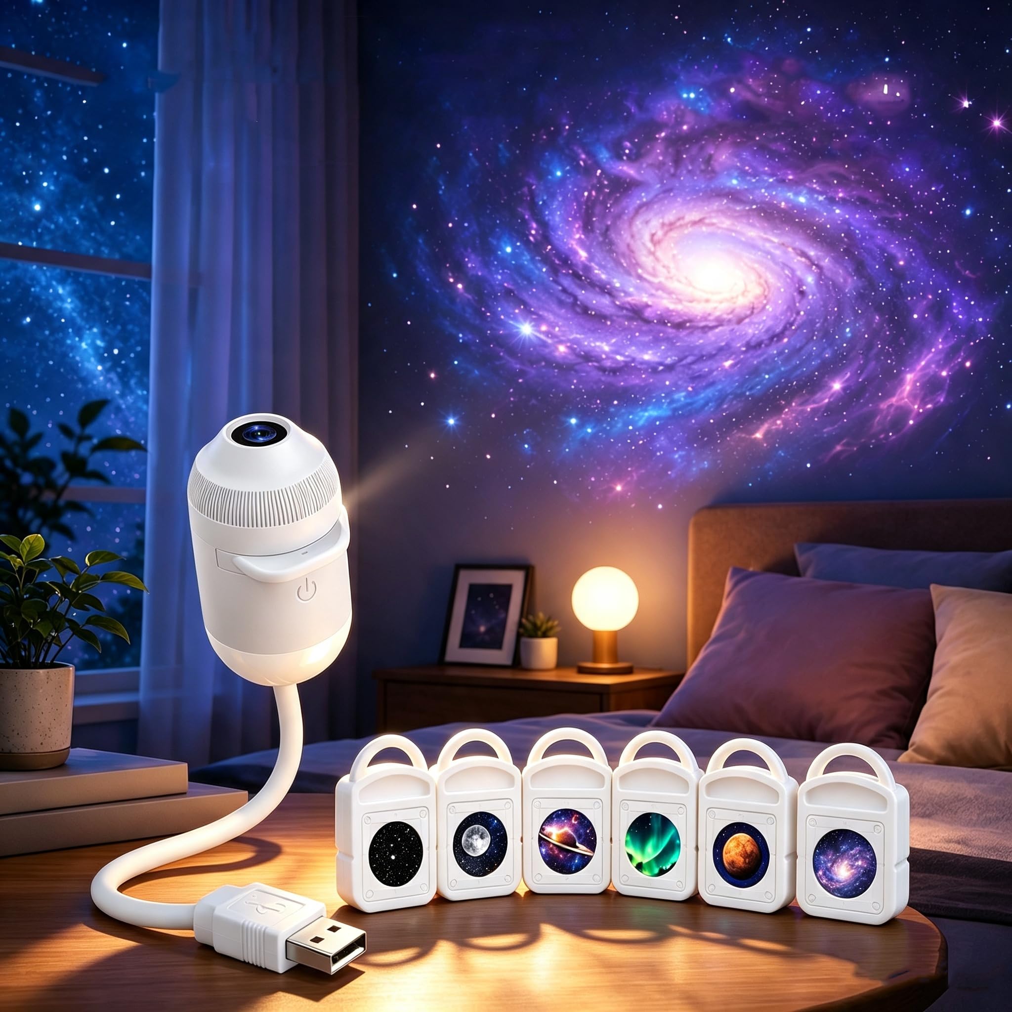 Hd Smart Dynamic 5d Holographic Night Light Projector, Plug and Play Star Projector with 3/6/12/24 Projection Films, 360 Degree USB Galaxy Moon Dream Projector Light for Sleep Mood