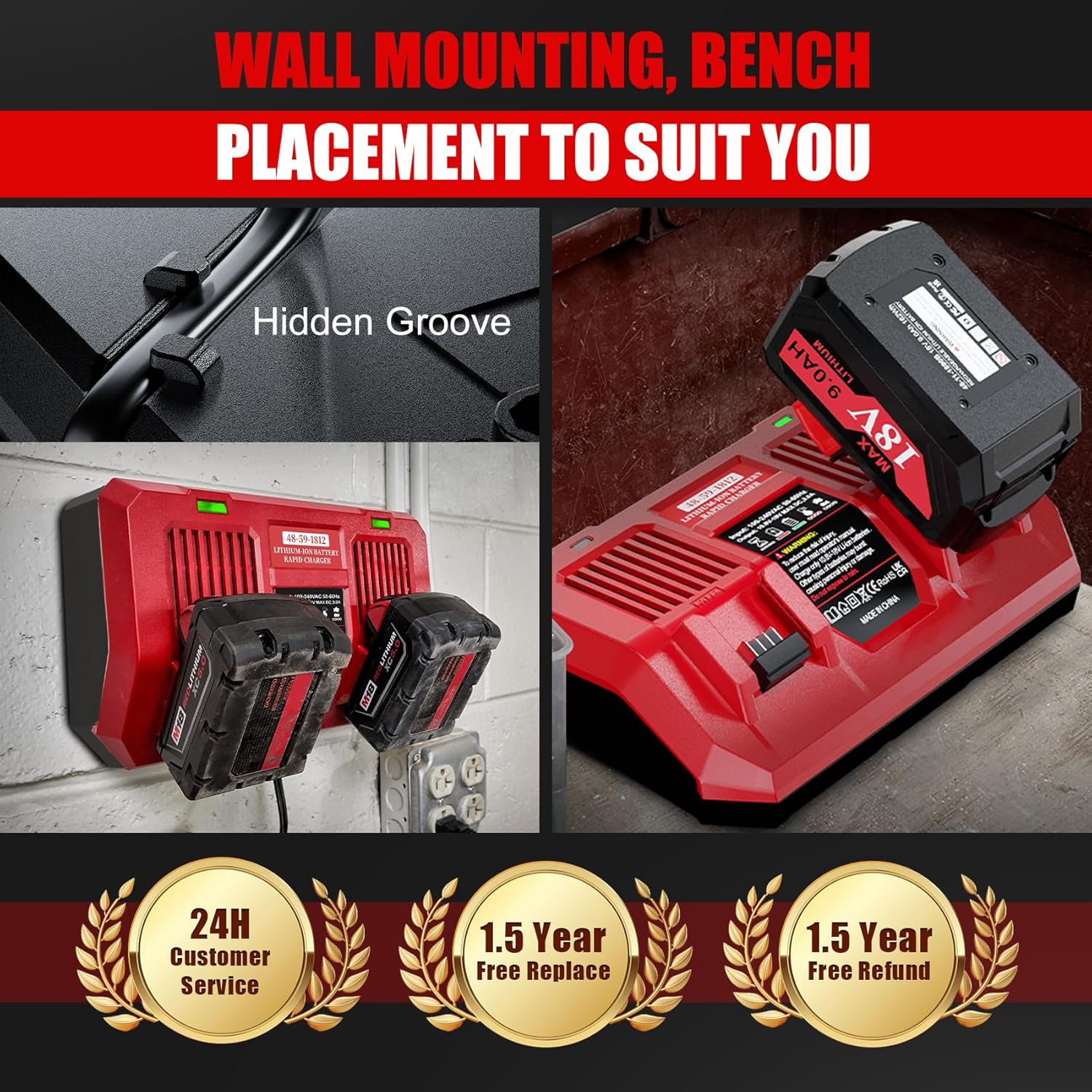 【Faster】 Replacement 18V Charger for mil-Waukee m-18 Battery Charger 48-59-1802,Compatible with All Mil-Waukee 18V Batteries 48-11-1820/48-11-2440... Can Charge Simultaneously - Image 7