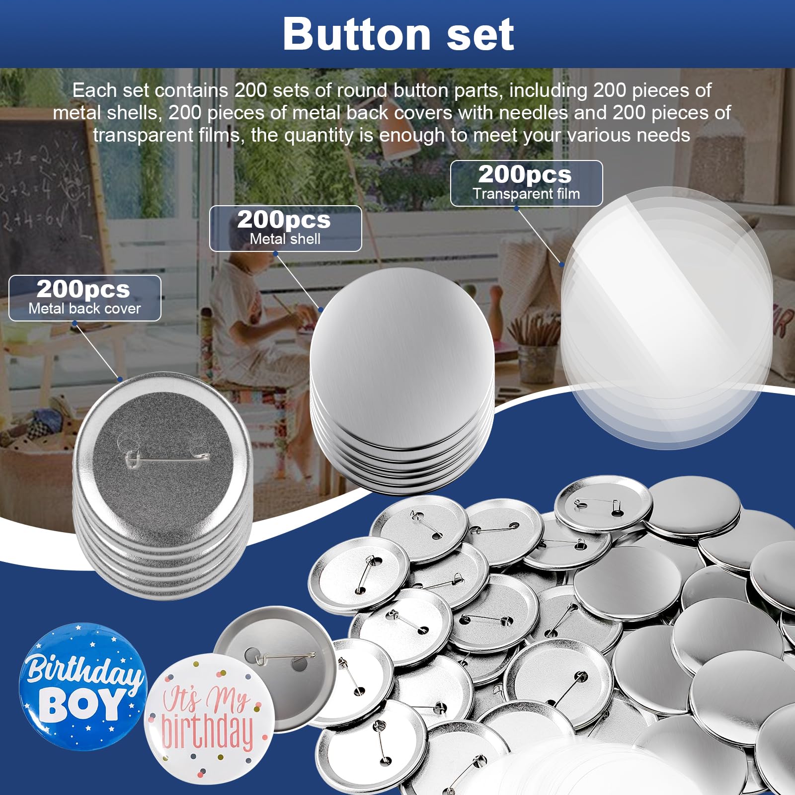 200 juegos de suministros para hacer botones, piezas de botón en blanco de 58 mm, incluyendo carcasas de metal, cubiertas traseras de pines y película de PVC transparente para manualidades