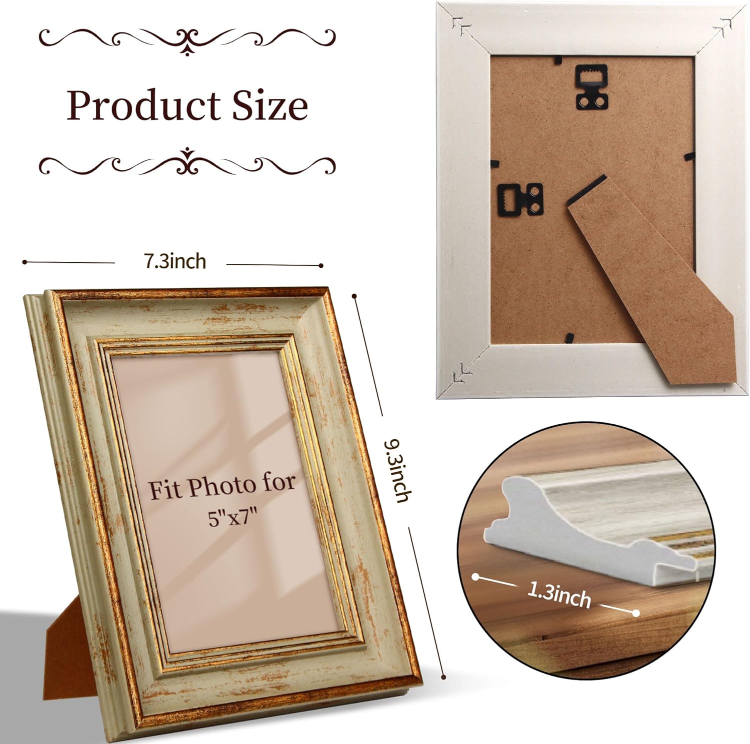 5x7 Picture Frames Retro Antique Picture Frames with Green Gold Edge Line 5 by 7 Vintage Photo Frame Wall Hang Desktop Display Christmas Birthday Gifts for Women Mom Grandma - Image 2