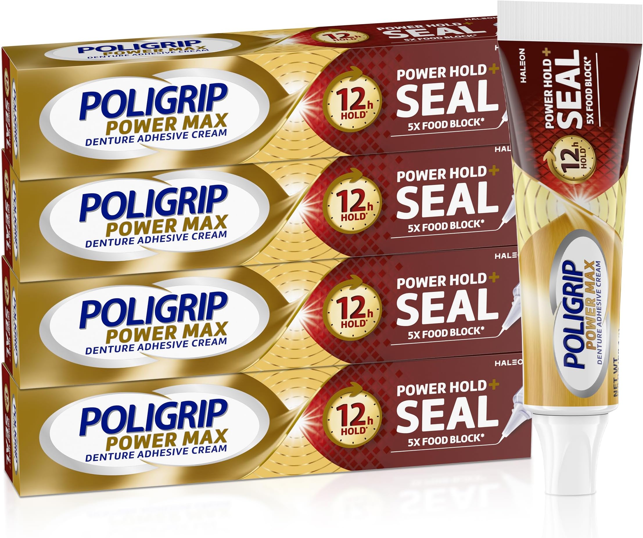 Super Poli-Grip Power Max Power Hold plus Seal Denture Adhesive Cream, Denture Cream for Secure Hold and Food Seal, Flavor Free - 2.2 oz (Pack of 4)
