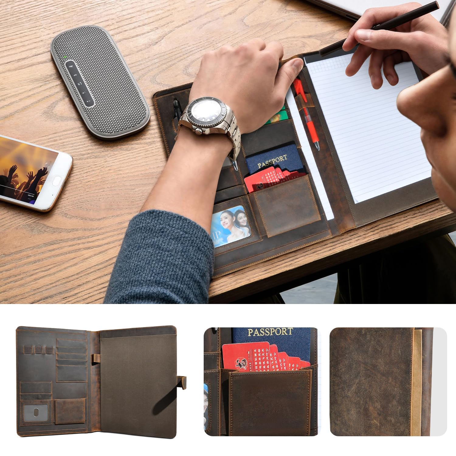 Porte-Documents Cuir Crazy Horse Handadsume - Portefeuille Professionnel A4 - Poche IPad