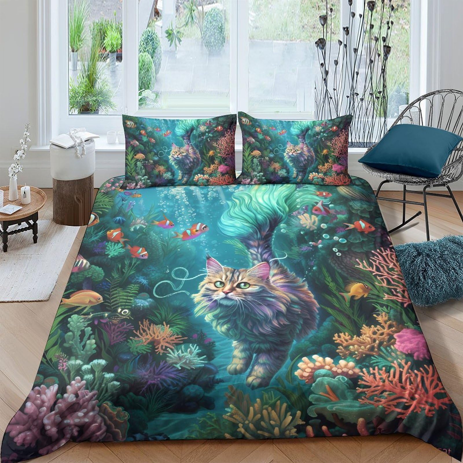 Ctjqhvkz Style-10 3D Printed Fantasy Forest Cat Fitted Sheet Microfiber Soft Colourful Underwater Mattress Cover For Bedroom Decor Single（135X200cm）