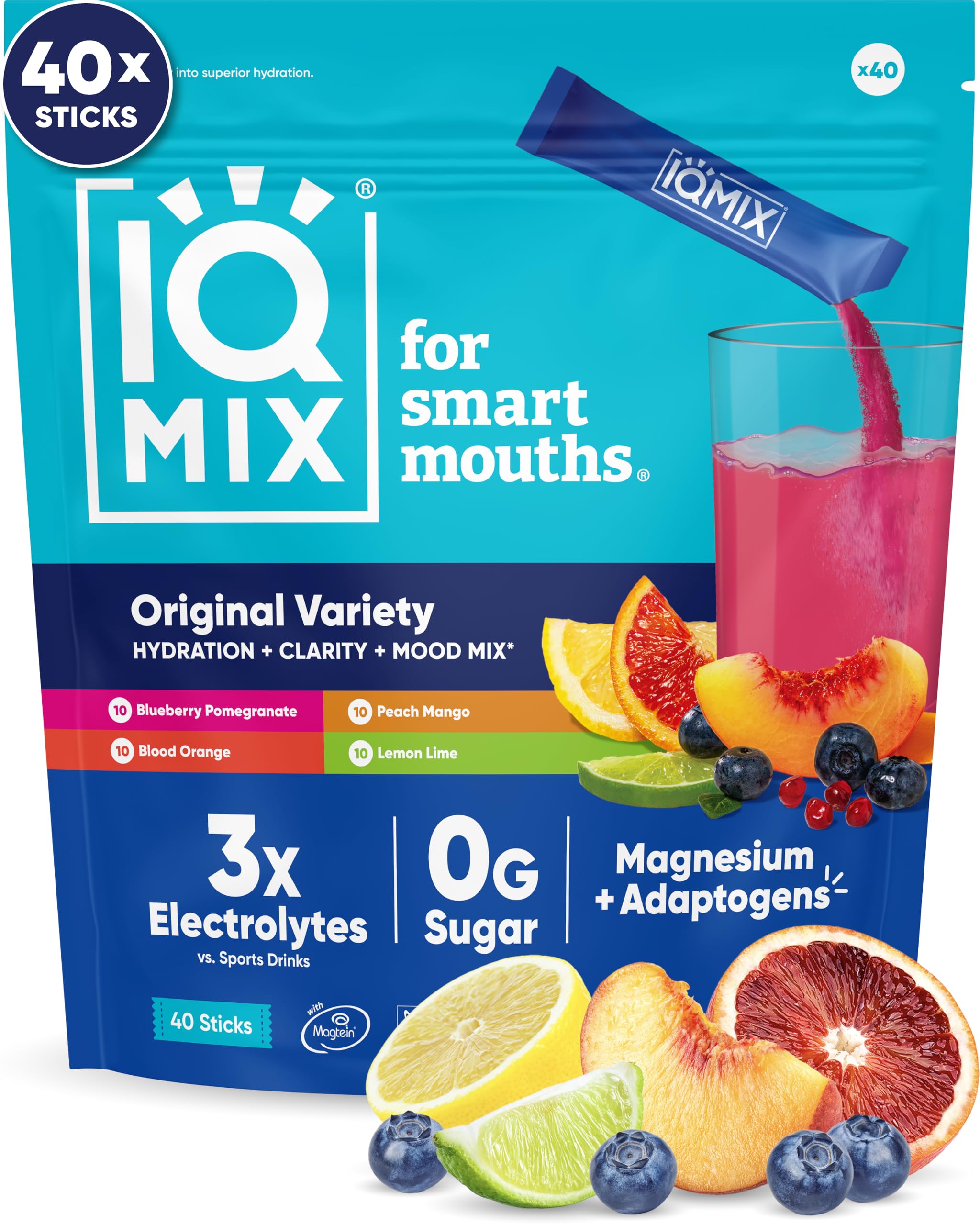 IQMIX Hydration Electrolyte Powder – 4-in-1 Formula for Hydration, Mental Clarity, Mood and Recovery – Sugar-Free Drink Mix, Keto, Magnesium L-Threonate, Lion’s Mane – 40 Count Variety Pack