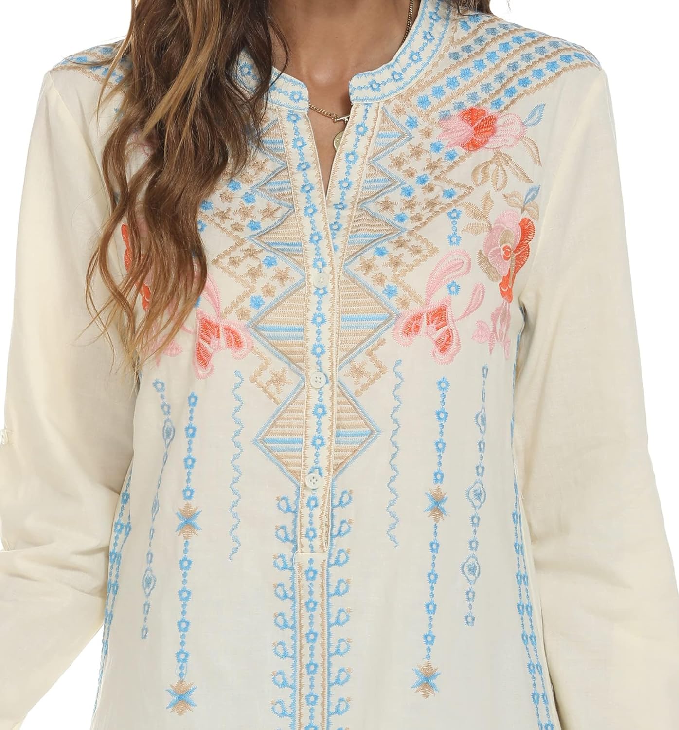 Women's V-Neck Bohemian Floral Embroidered Shirt Mexican Peasant Tops Long Sleeve Casual Loose Tunic Blouse - Image 3