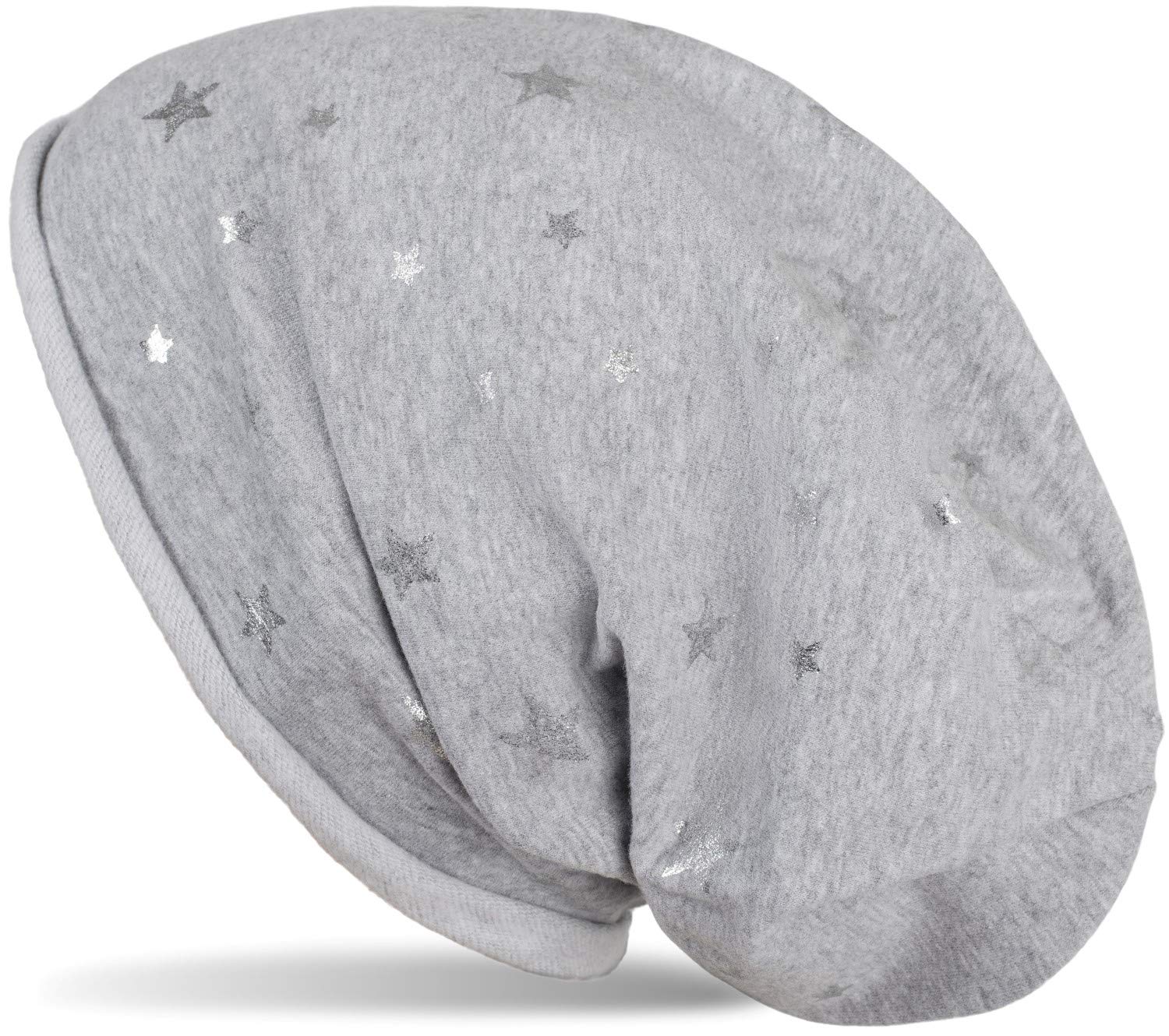 Stylebreaker Women's Light Grey Beanie Hat With All-Over With Metallic Star Print And Turn Up, Long Slouch Beanie, Glitter Hat, 04024144, Colour:light-Grey