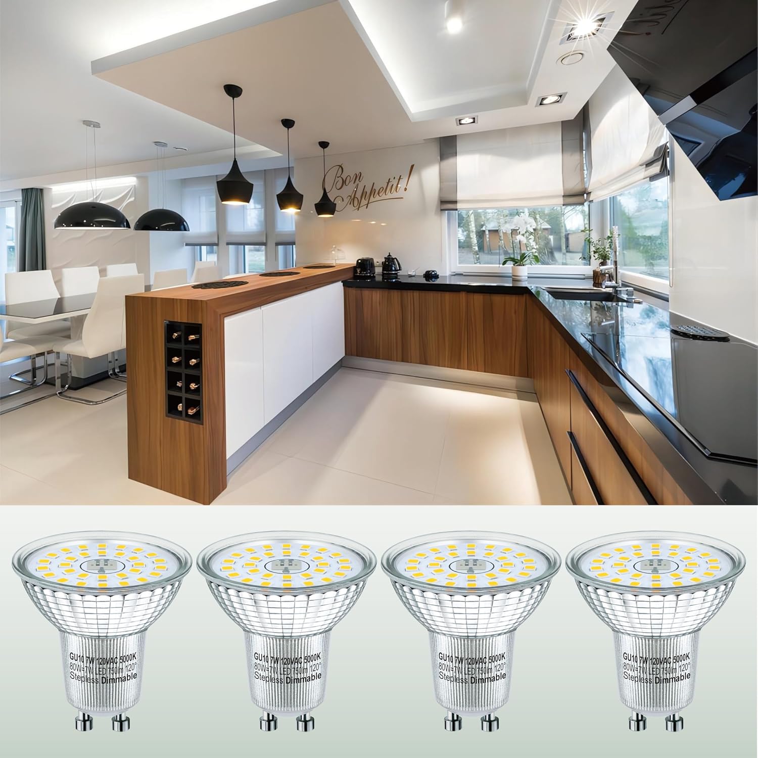 MR16 GU10 LED Dimmable Light Bulb, Energy Efficient 7W Equivalent 75W, GU10 Base, Daylight White 5000K, 750 Lumens, 120° Flood Beam, Stepless Dimmable Light, 25,000 Hours Lifetime, 4-Pack