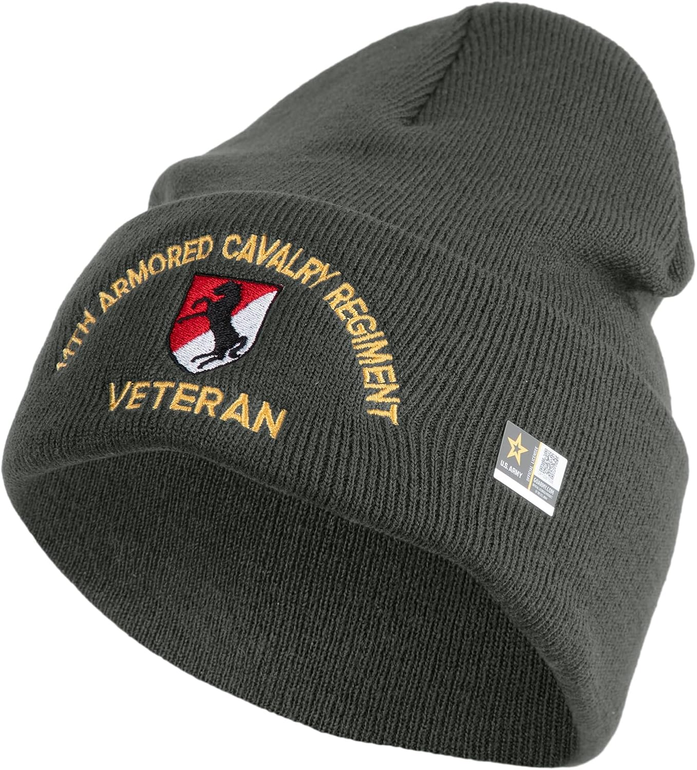U.S. Army 11th Armored Cavalry Regiment Logo Embroidered 12 Inch Solid Knit Cuff Long Beanie Made in USA