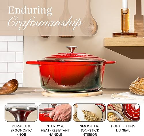 Vista 7 de Nuovva - Olla holandesa de hierro fundido con tapa – Cacerola esmaltada apta para horno hasta 500° F antiadherente – Utensilios de cocina Rojo