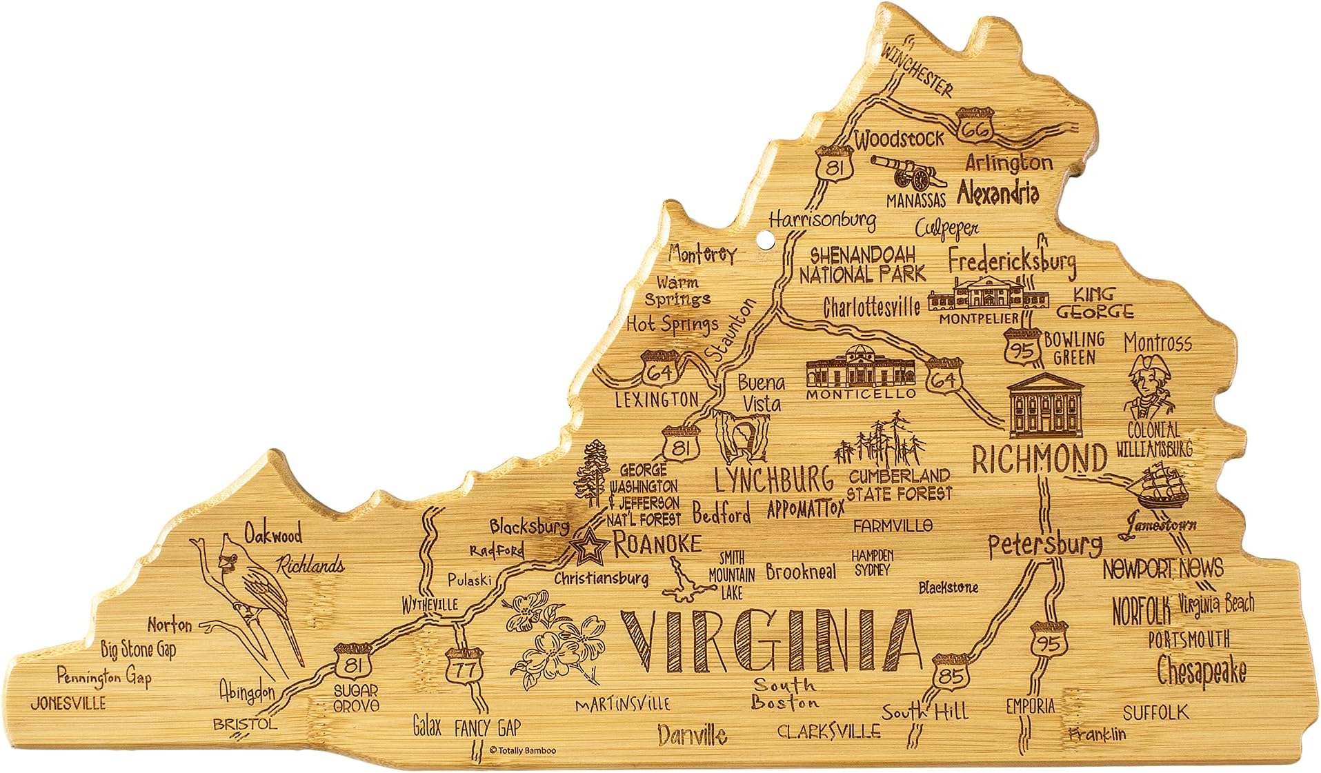 Destination Virginia Shaped Cutting Board – Bamboo Charcuterie and Serving Board with Hang Tie for Wall Display