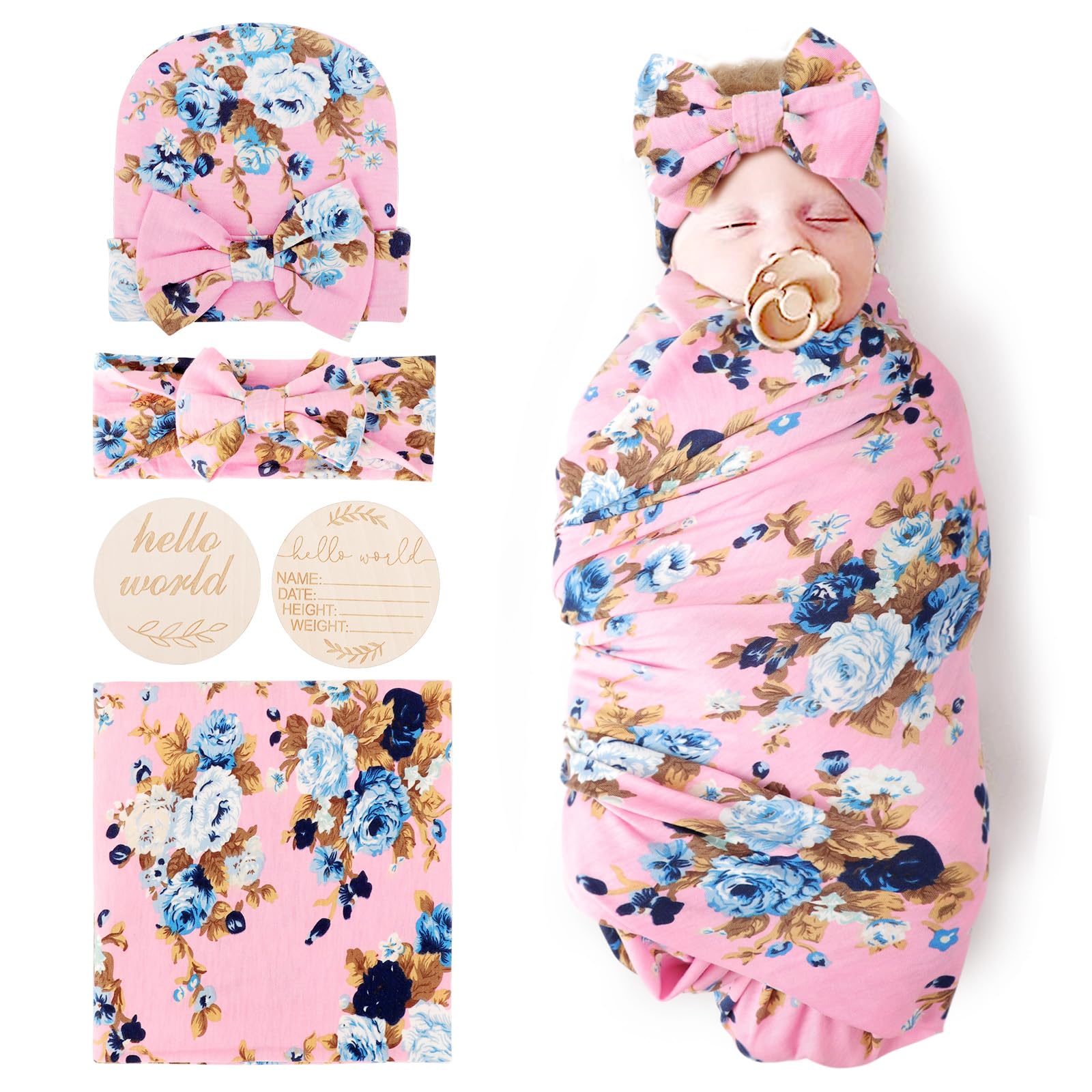 DRESHOW BQUBO Baby Girl Newborn Floral Receiving Blankets with Bow Hat Headband Wooden Birth Announcement Card Set Newborn Baby Swaddling Hats