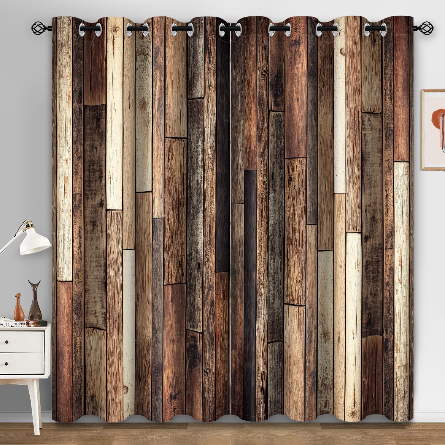 Aimego Rustic Wooden Blackout Curtains Farmhouse Vintage Brown Plank Pattern Window Drapes Decor for Bedroom Living Room Grommet Top Room Darkening