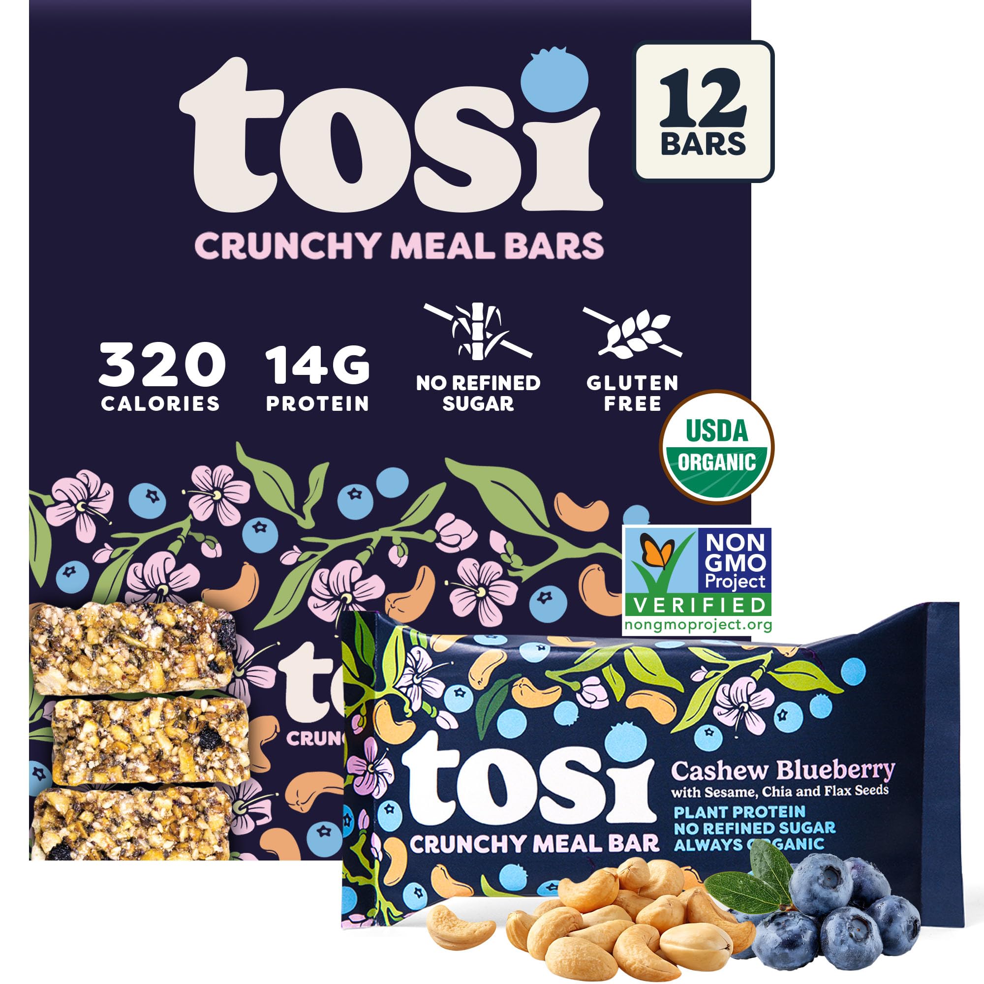 Tosi Meal Nut Bars, Cashew Blueberry, Healthy Snacks for Adults & Kids, Crunchy Plant Based Protein Bar (14G), Keto Snacks, Vegan, Gluten & Soy Free, Low Sugar, Omega 3s, 2.4oz, 12-Pack