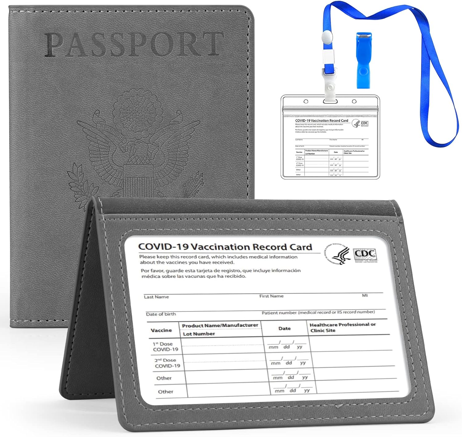  | Passport and Vaccine Card Holder Combo, Leather Cover Case with CDC Vaccination Card Slot and Passport Holder, Travel Documents Organizer Protector for Women and Men (Grey) | Passport Covers
