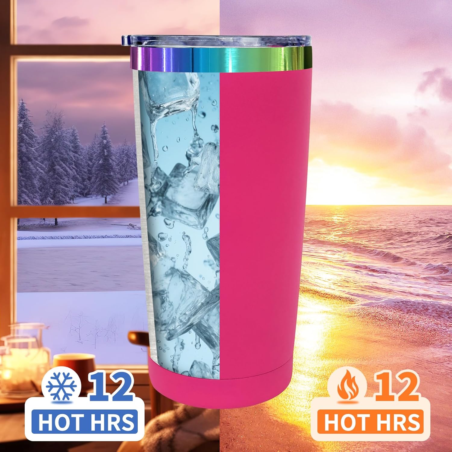 20 oz Stainless Steel Tumbler with Lid and Straw Double Wall Vacuum Insulated Coffee Mug Powder Coated Cup for Hot and Cold Drinks (Rosy,12 pack) - Image 6