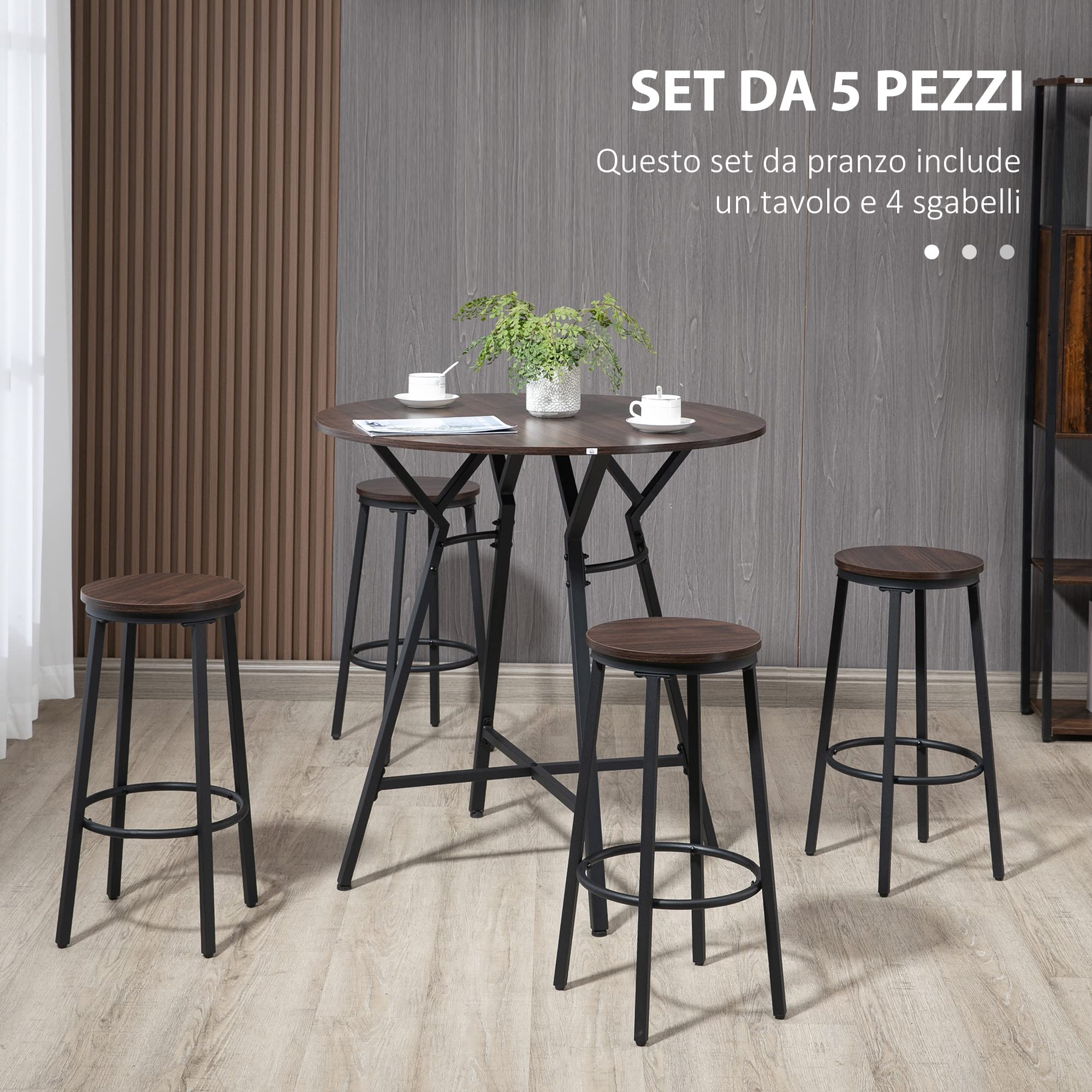 HOMCOM Set da Pranzo con Tavolo e 4 Sgabelli in Stile Industriale per Cucina e Bar, Set in Legno e Acciaio, Colore Noce