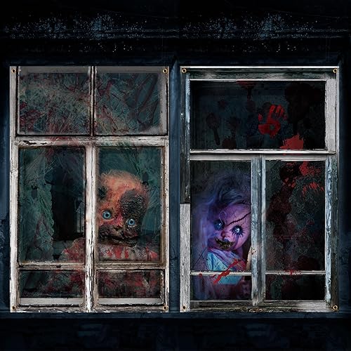 Miniatura 14 de Newwiee - 2 cortinas de Halloween aterradoras con silueta para ventana, decoración, póster temático para interiores y exteriores, fiestas, paredes