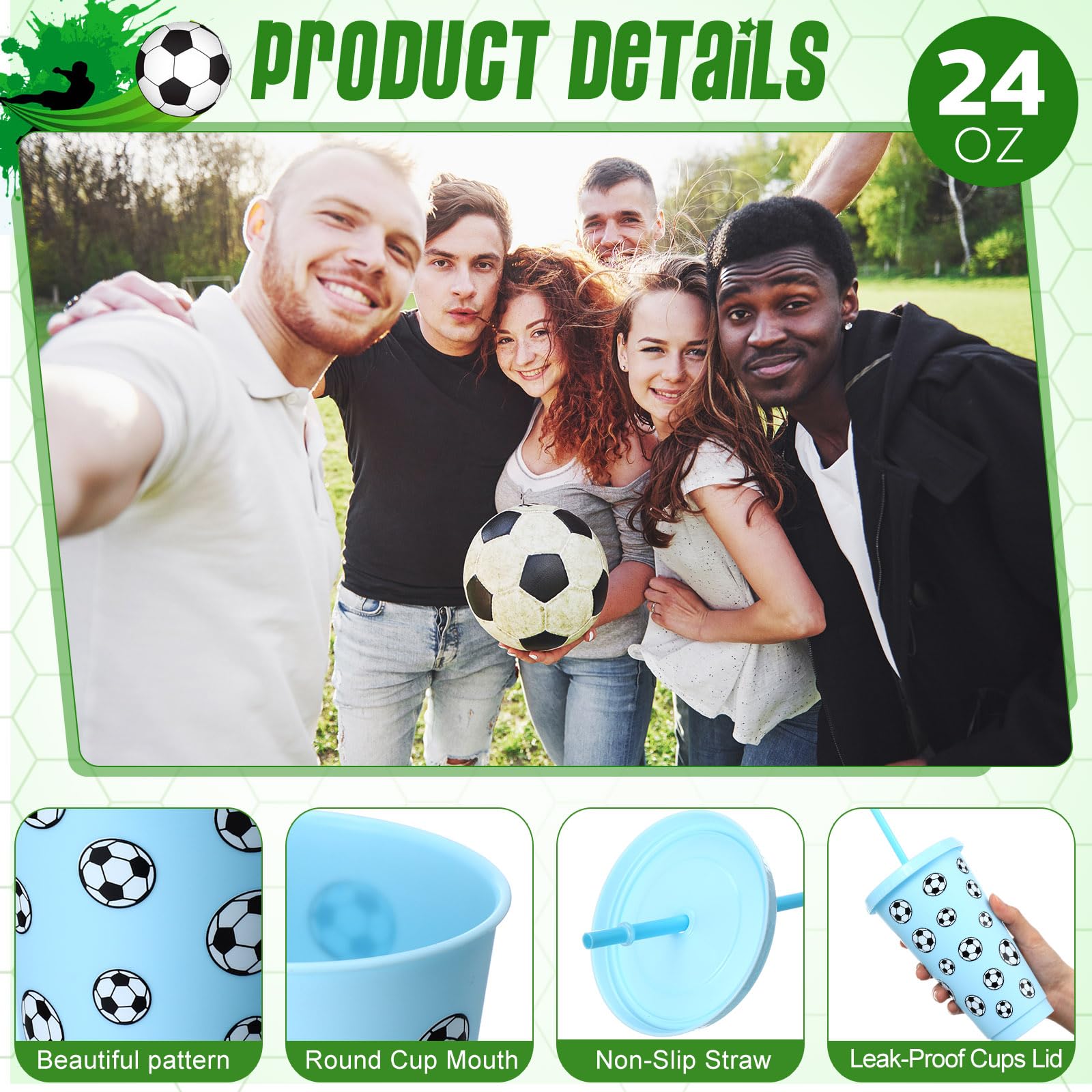 Potchen 20 Pcs Soccer Plastic Tumbler with Lid and Straw Christmas Cup Gift 24 oz Cups Reusable Sports Ball Plastic Cups for Soccer Lovers Men Women Birthday Party Favors Supplies