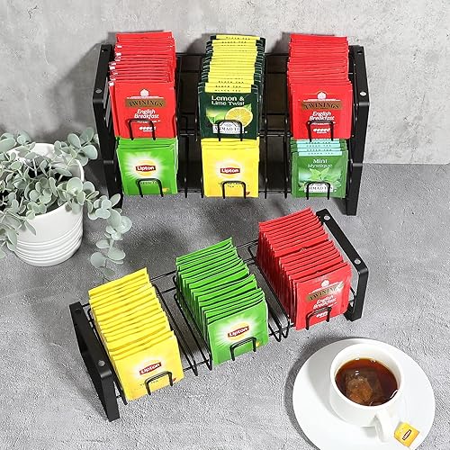 Miniatura 3 de Koluti Soporte organizador de bolsas de té de 3 niveles, soporte apilable de almacenamiento de té montado en la pared con bandeja extraíble, caja de