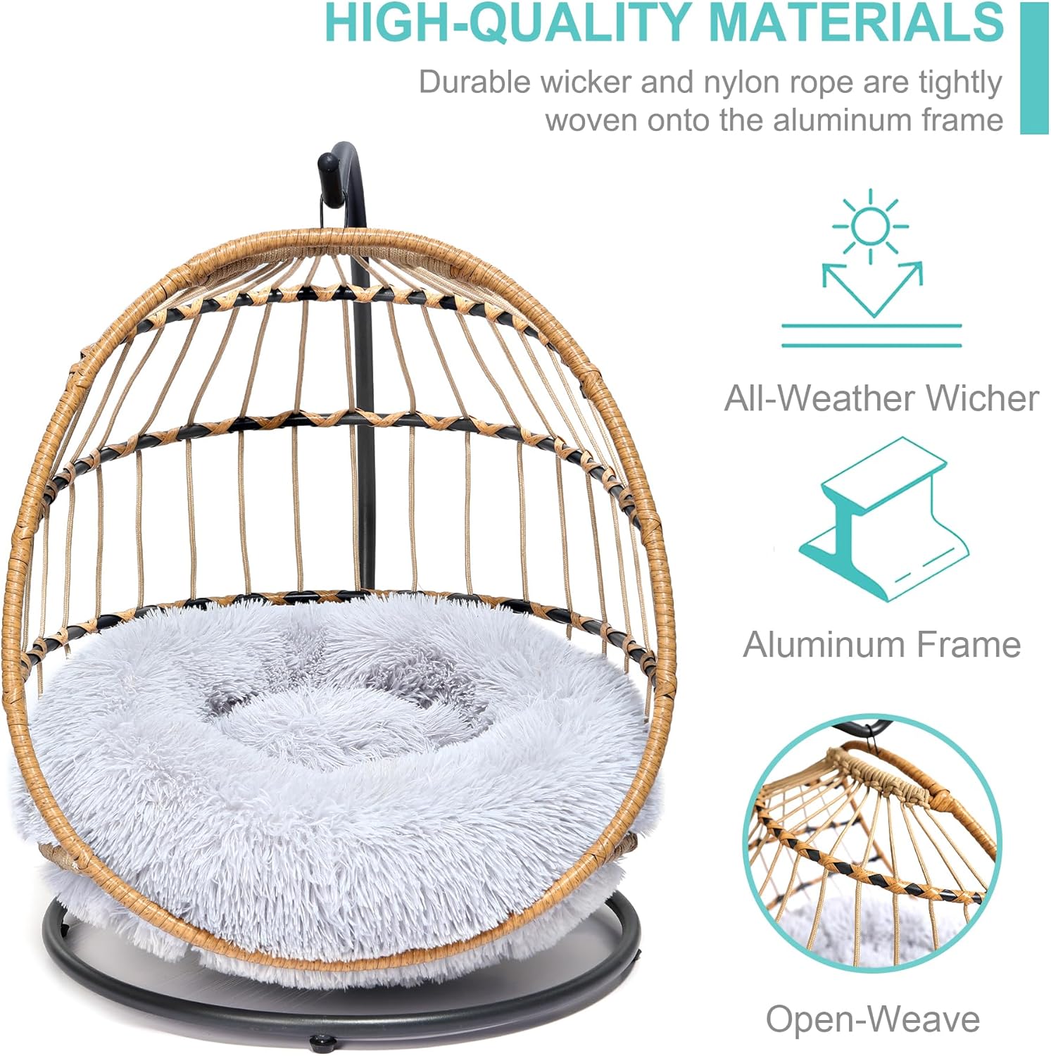 SWITTE Cat Hammock Chair Bed - Removable & Washable Cushion, Hanging Rattan Swing for Indoor Outdoor Cats & Small Dogs, Adjustable Pet Swinging Hammock with 3 Modes - Light Grey