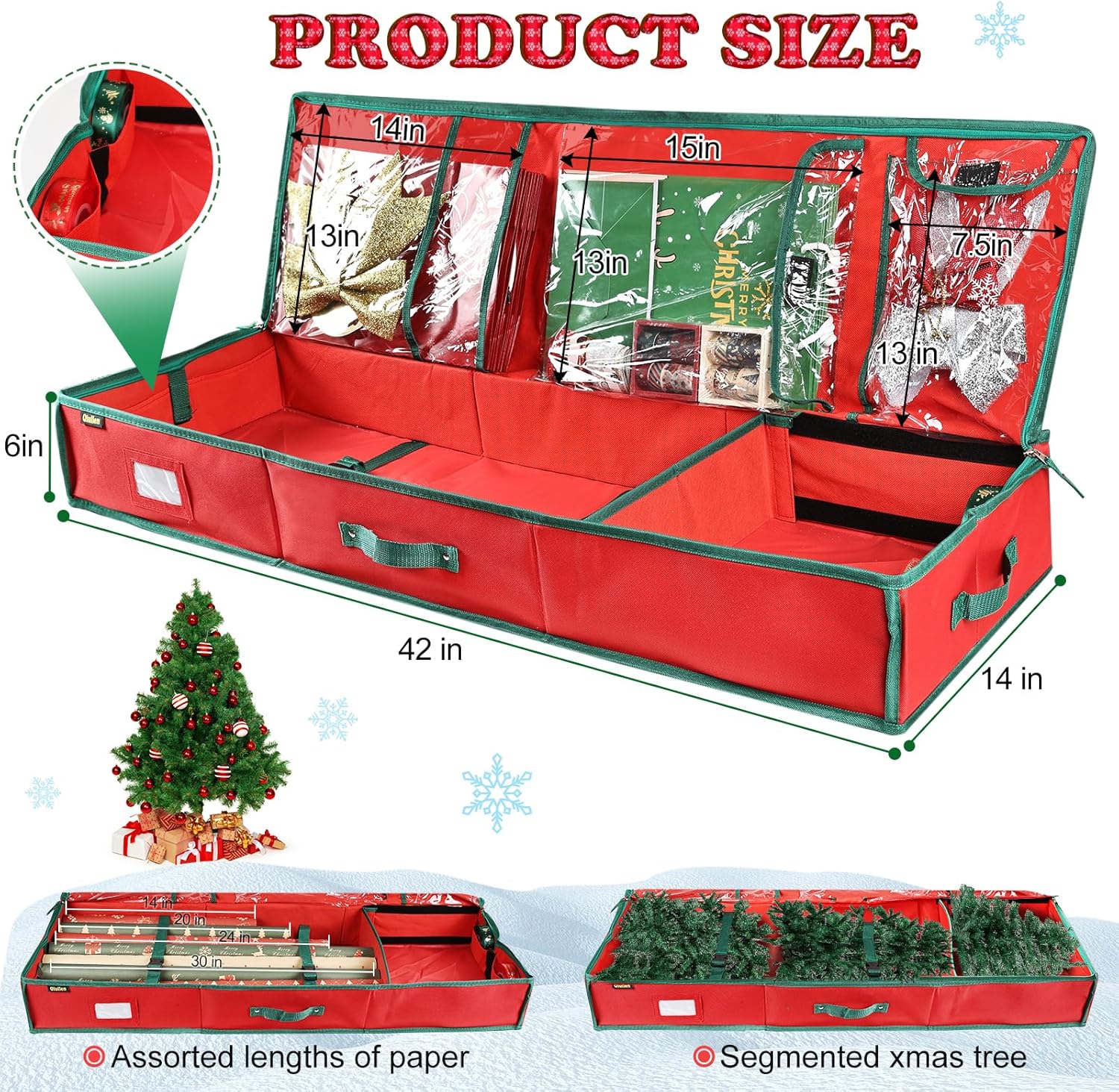 42'' Gift Wrap Organizer Christmas Wrapping Paper Storage Sturdy 600D Oxford Fabric Xmas Accessories Containers Bag Large Capacity Ornaments Storage Box (Red)