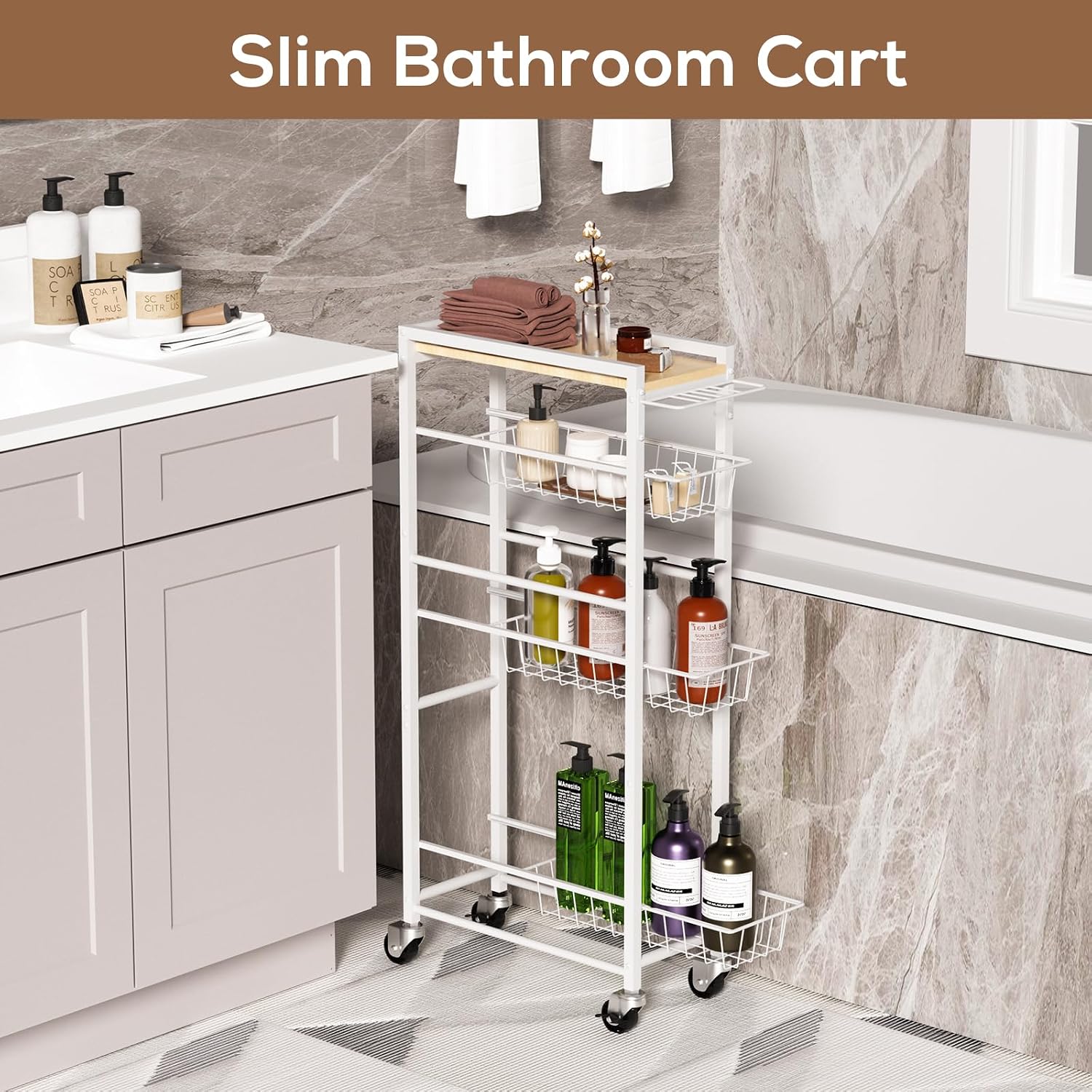 4 Tier Slim Rolling Storage Cart with Pull-Out Baskets, Narrow Sliding Storage Slim Laundry Cart Slim Rolling Kitchen Cart