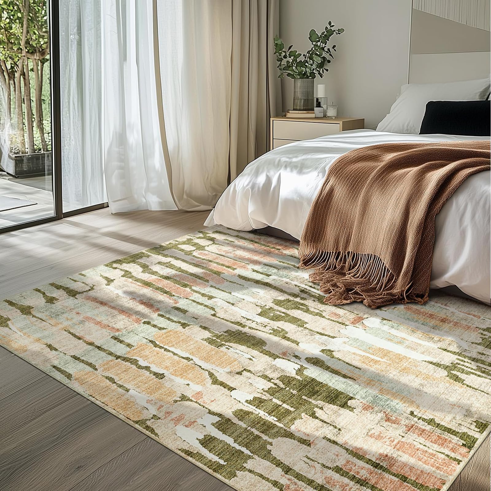 Tapis salon multicolore 150x210 cm abstrait orange vert et rouge pour chambre et bureau