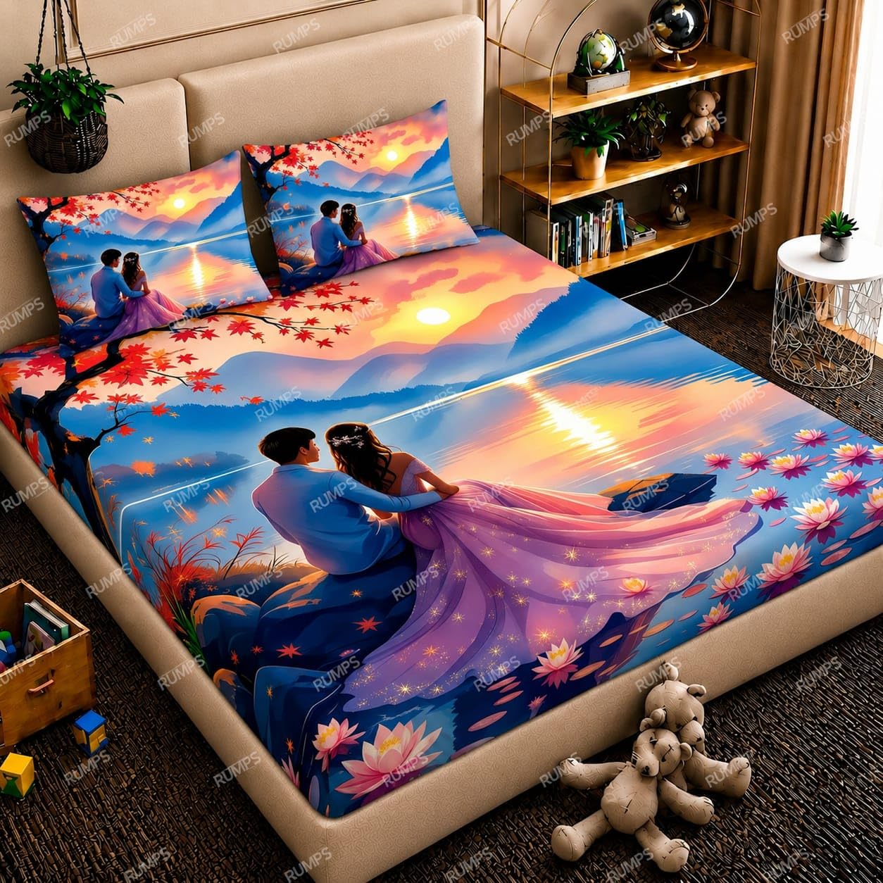 RUMPS 7D Romantic Couple Sunset Printed Flat Bedsheet King Size 90x100 Inch with 2 Pillow Covers 16x26 Inch | Luxury Love Theme Microfiber Double Bedsheet