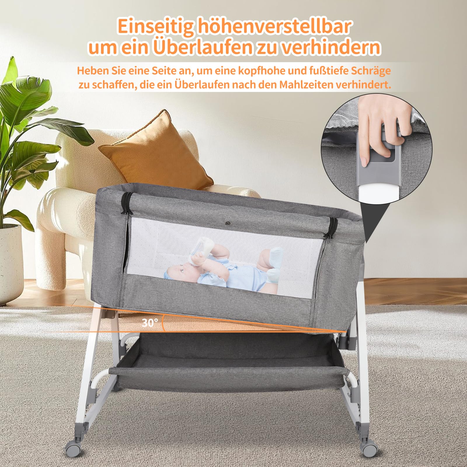 OHMG 4 in 1 Culla Neonato Fianco Letto,Culla da affiancare,Culla da Campeggio con Materasso e Cinghia Fissaggio,Regolabile In Altezza 6 Posizioni,per Bambini 0-6 Mesi (Grigio (80x40x100-115cm))