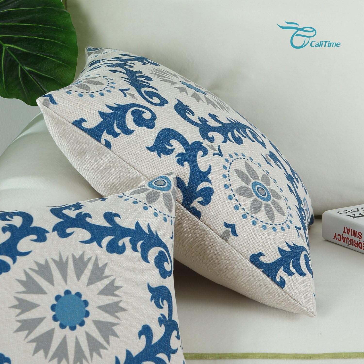 CaliTime Canvas Throw Pillow Cover Case for Couch Sofa Home Decoration Three-Tone Dahlia Floral Compass Geometric 18 X 18 Inches Blue/Gray