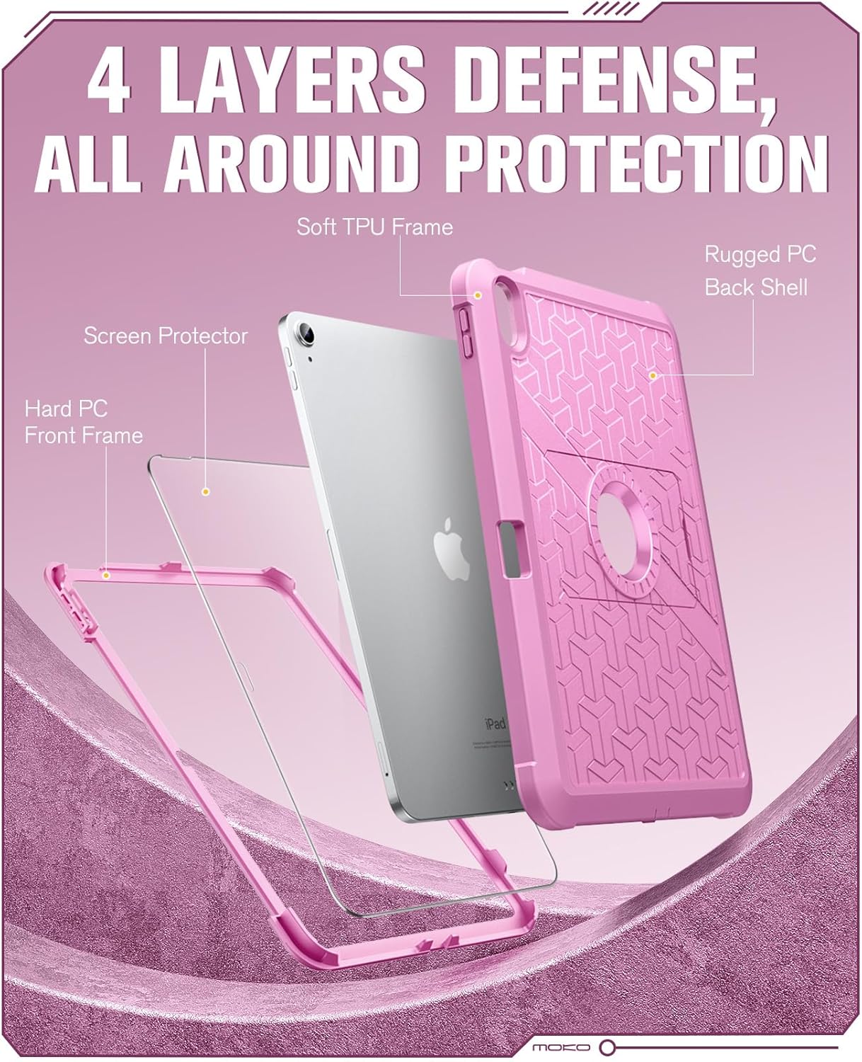 MoKo for iPad (A16) 11th/10th Generation Case 2025/2022, Heavy Duty Shockproof Dual Layer Full Body Protective Cover, Built-in Screen Protector and Kickstand for iPad 11/10.9 Inch, Flowers Pink - Image 4
