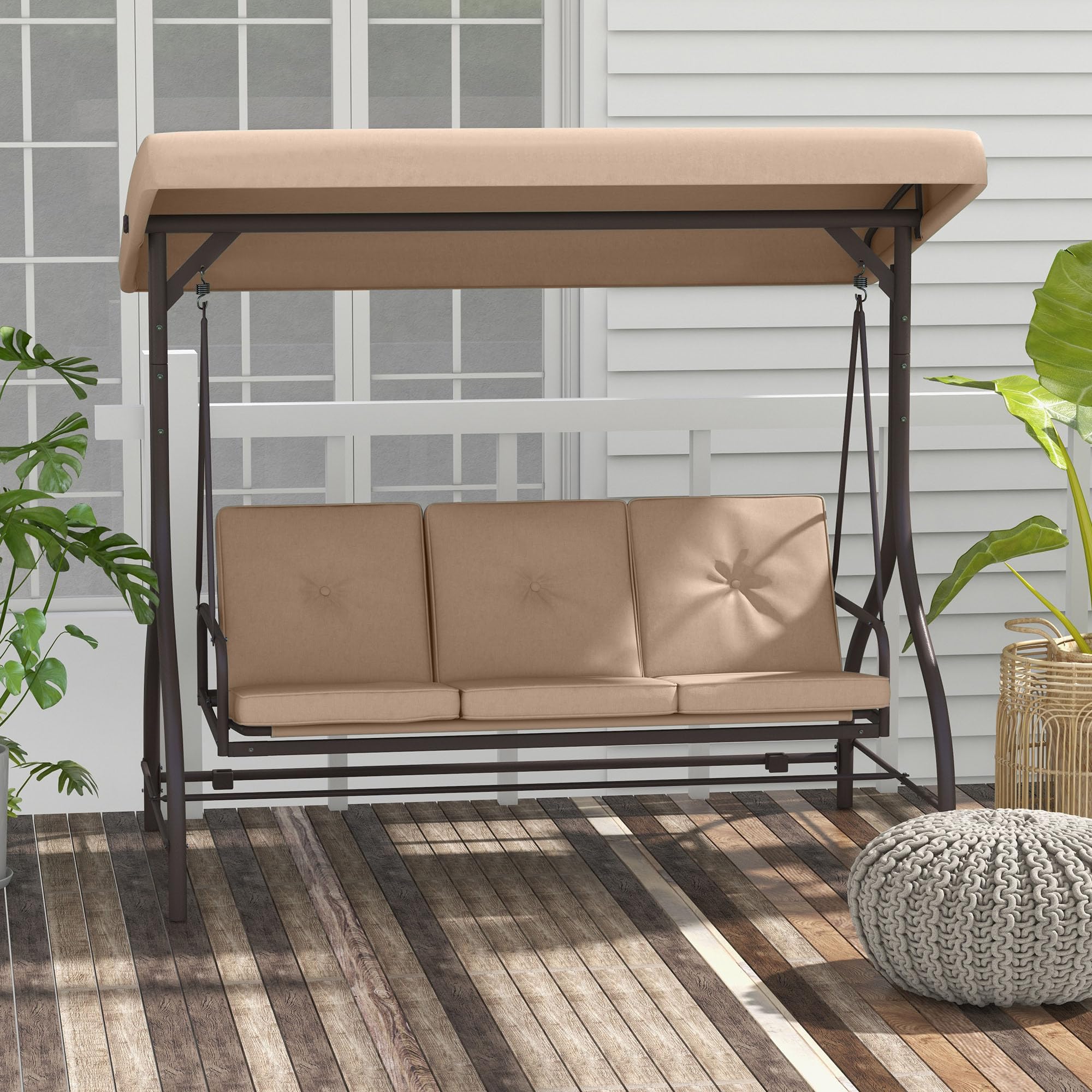 Outsunny Balancelle de Jardin Convertible 3 Places Grand Confort avec Coussins Toit réglable dim. 197L x 120l x 180H cm métal Polyester Kaki