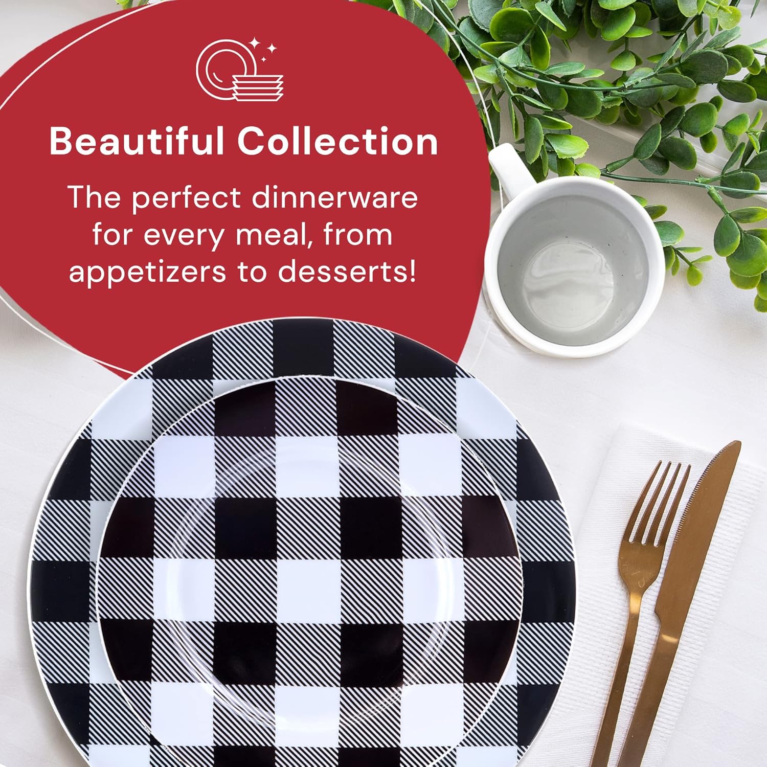 Winter Frost White, Black Modern Kitchen Dinnerware Sets, Indoor and Plates, 16-Piece Plaid Kitchen Plates and Bowls Set with Mugs, Dishwasher Safe