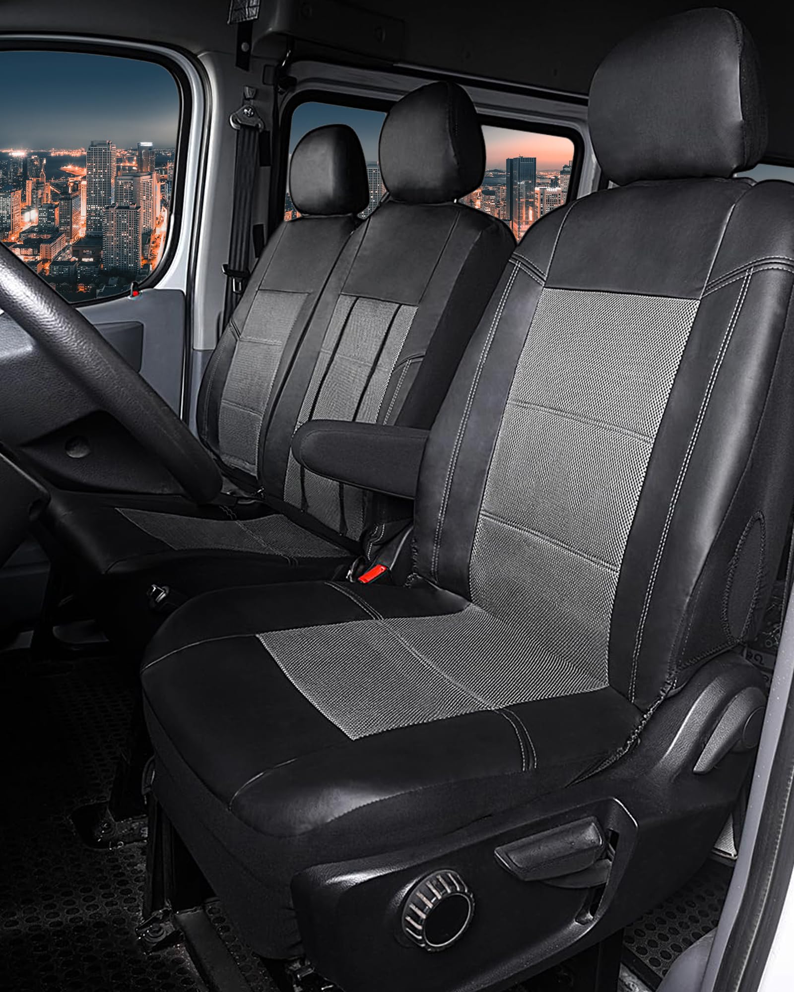 TOYOUN Fundas de asiento para furgonetas y camiones, ajuste universal para asientos individuales y dobles - piel sintética y malla, negro y gris