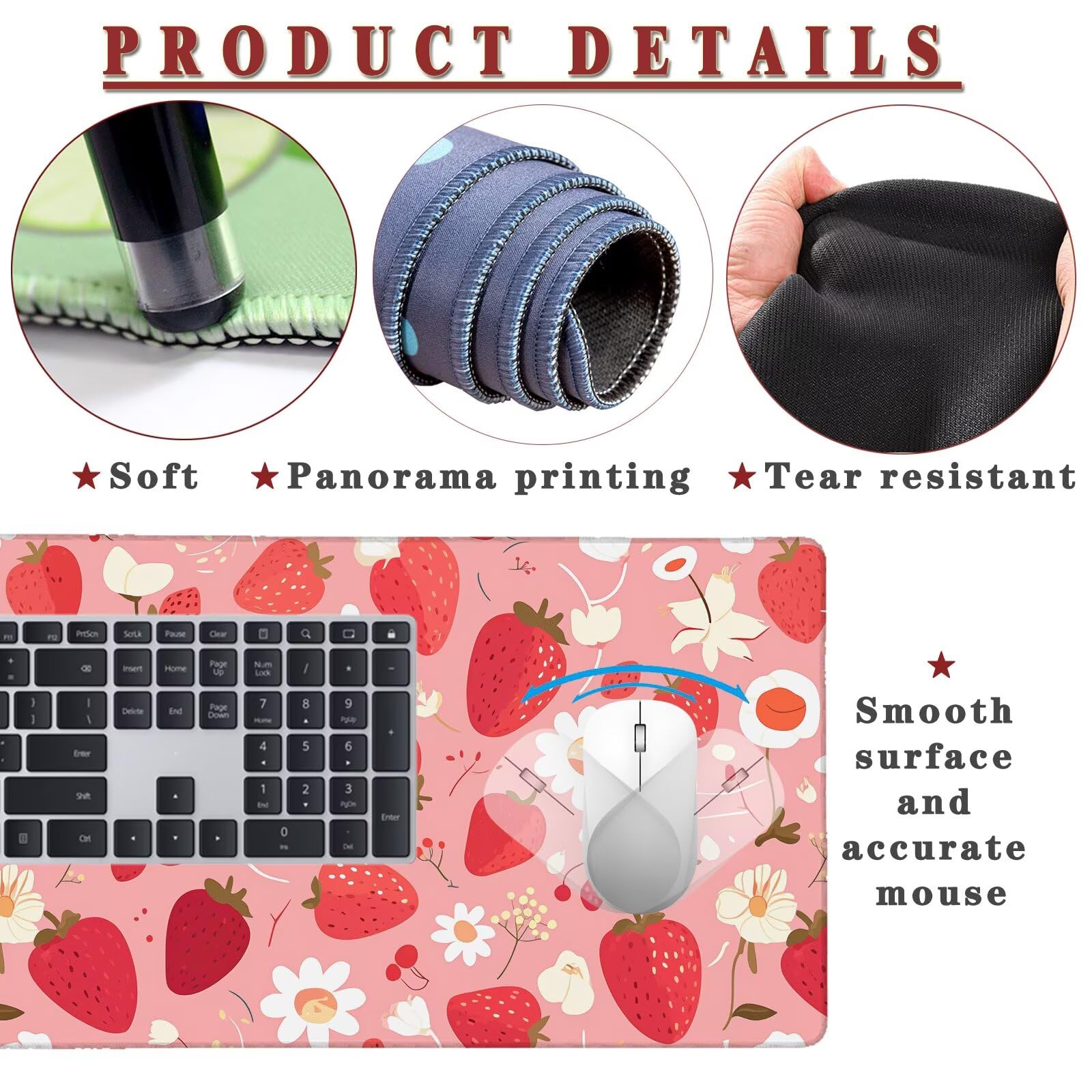Tappetino per Mouse da Gaming, Tappetino Mouse Pad XXL Grande, Mousepad con Impermeabile e Antiscivolo, Lavabile Sottomano Copri Scrivania, Tappetini Tappeto Mouse Mat 1000x500x4mm Strawberries