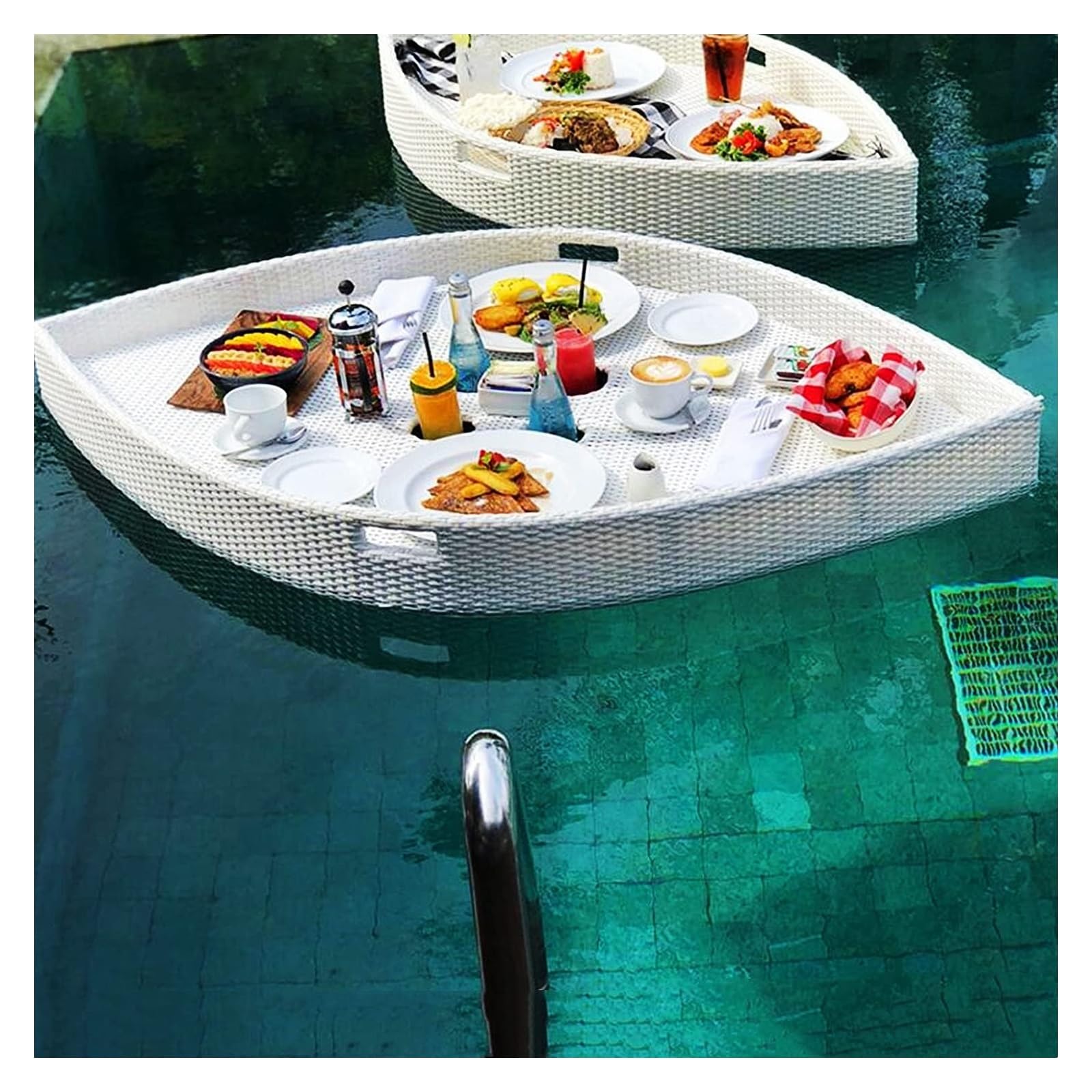 Schwimmendes Tablett für Pool, Rattan-gewebtes schwimmendes Pool-Tablett, stilvolles Frühstückstablett auf dem Wasser, schwimmende Bar und Tisch für Pool (Farbe: Gelb) (Weiß)
