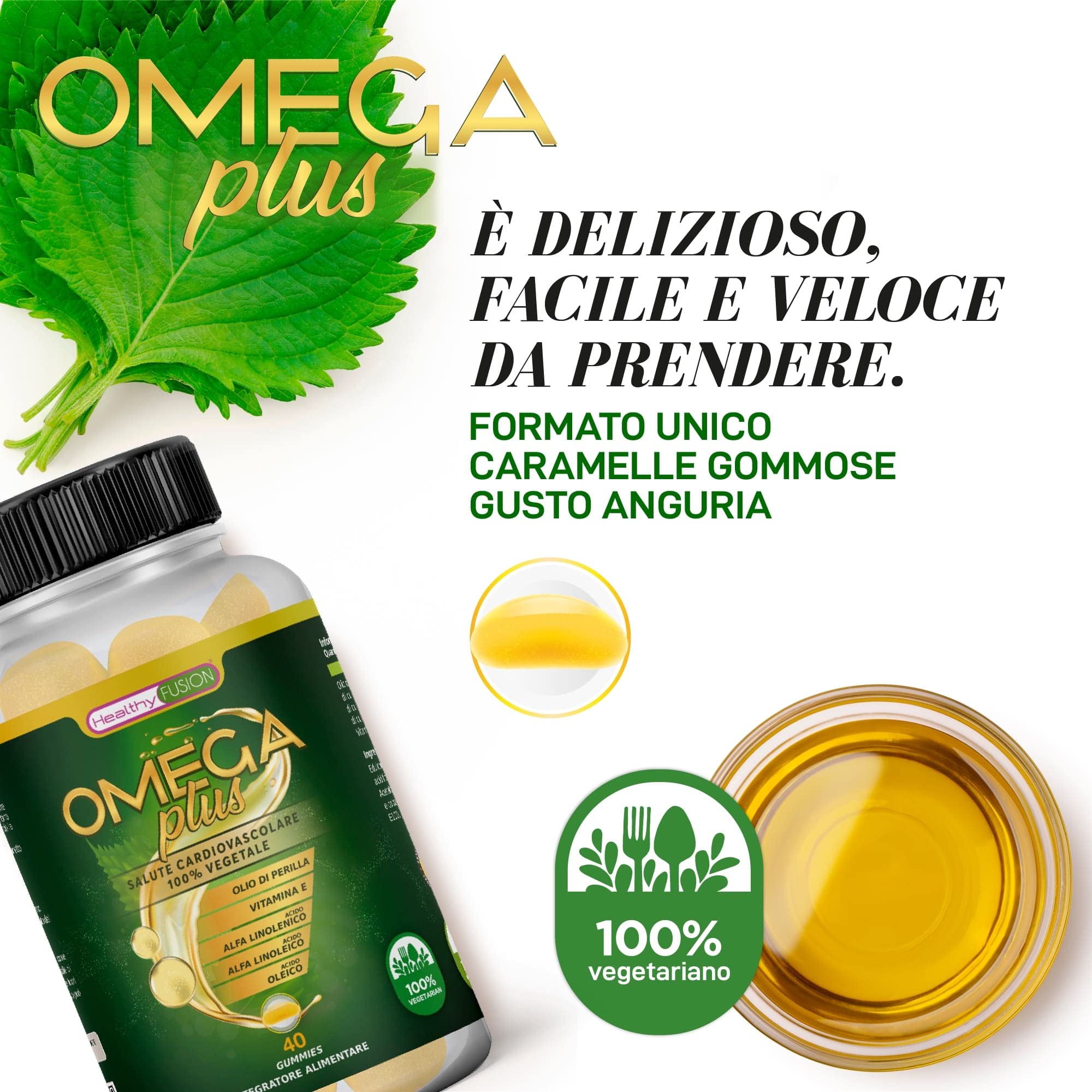 Healthy Fusion Omega Plus | Olio di Perilla + Vitamina E + Acidi grassi Omega 3-6-9 | Prodotto adatto per vegetariani | Massima qualità di Omega disponibile | 40 gummies al gusto di anguria