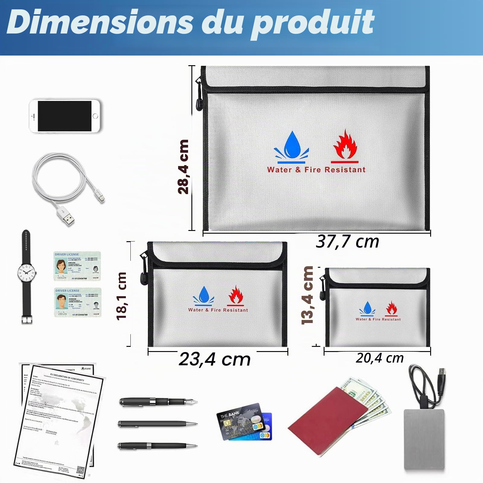 Sacs Anti-feu,3 Porte-Documents ignifuges | Sac étanche à feu pour, Fermeture à Zip Sécuritaire, Parfait pour Conserver Objets de Valeur, Passeports, Documents, Argent