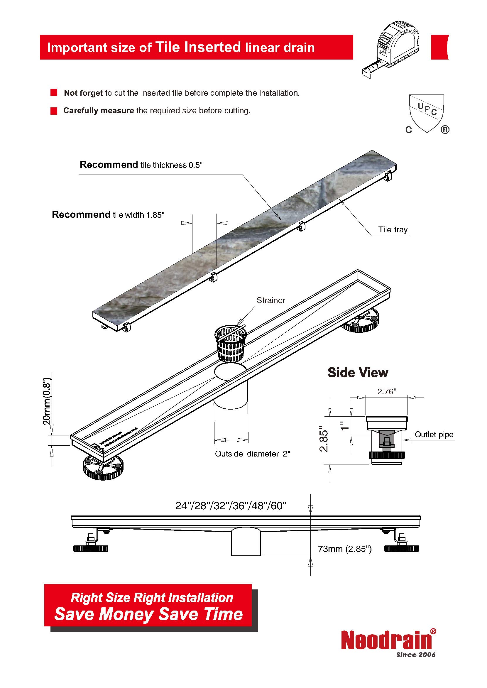 Neodrain 24Inch Linear Shower Drain With 2in1 Flat & Tile insert