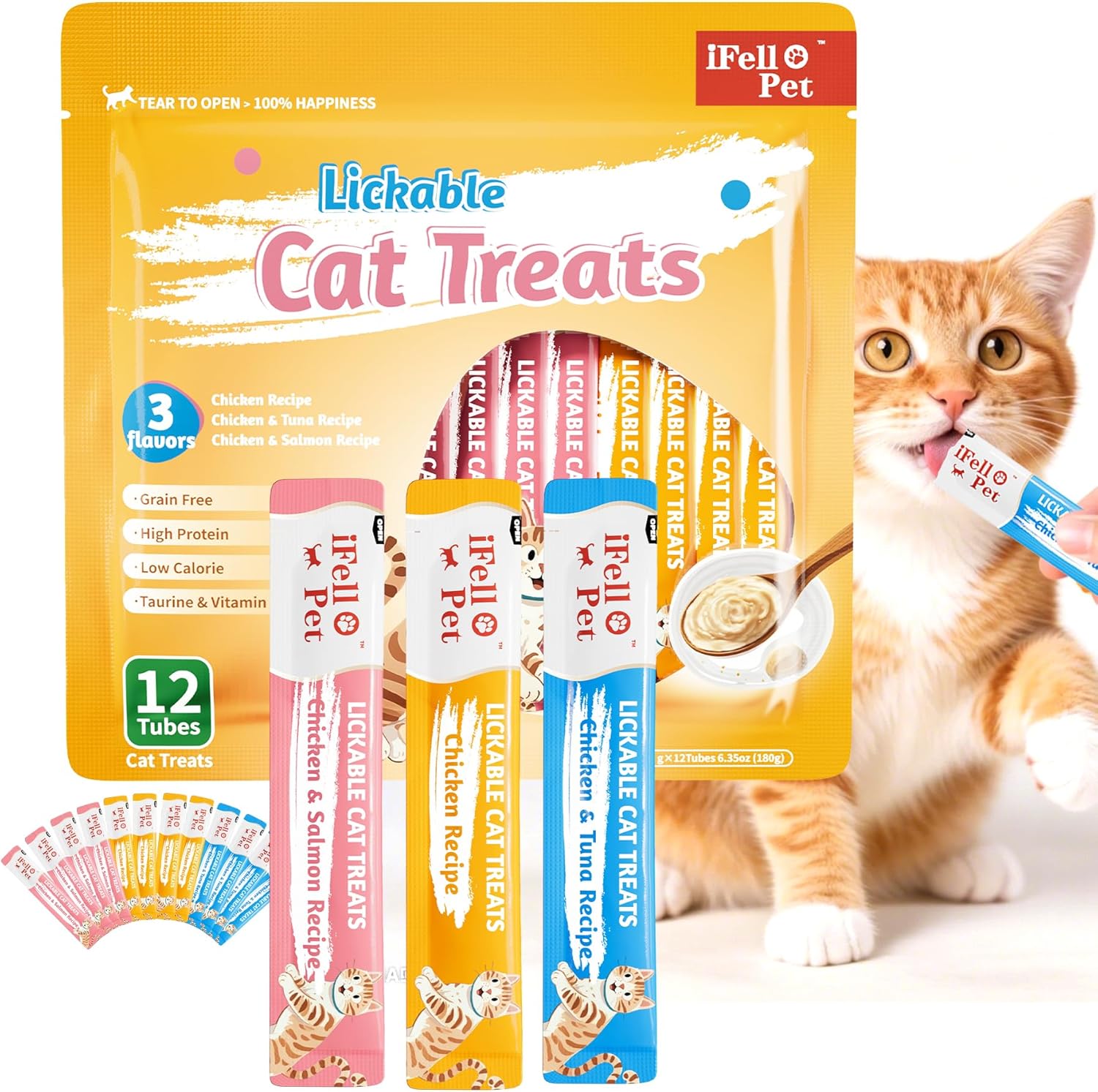 Golosinas para Gato IFELLO, Variedad Pollo y Pescado, 15g, 12 Tubos