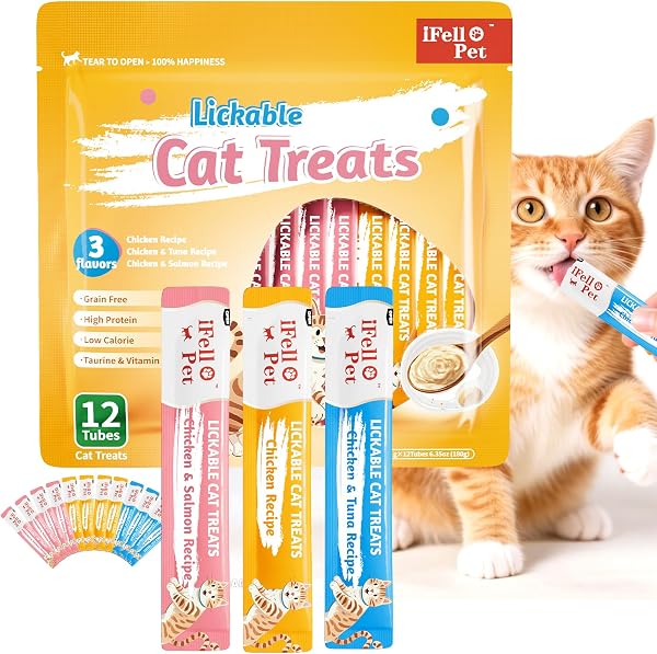 IFELLO PET Cat Treats, High-Meat High-Moisture Lickable Cat Treats, Variety Pack – Real Chicken & Seafood – Silky Creamy Purée – Grain-Free (15g Each | 12 Tubes)