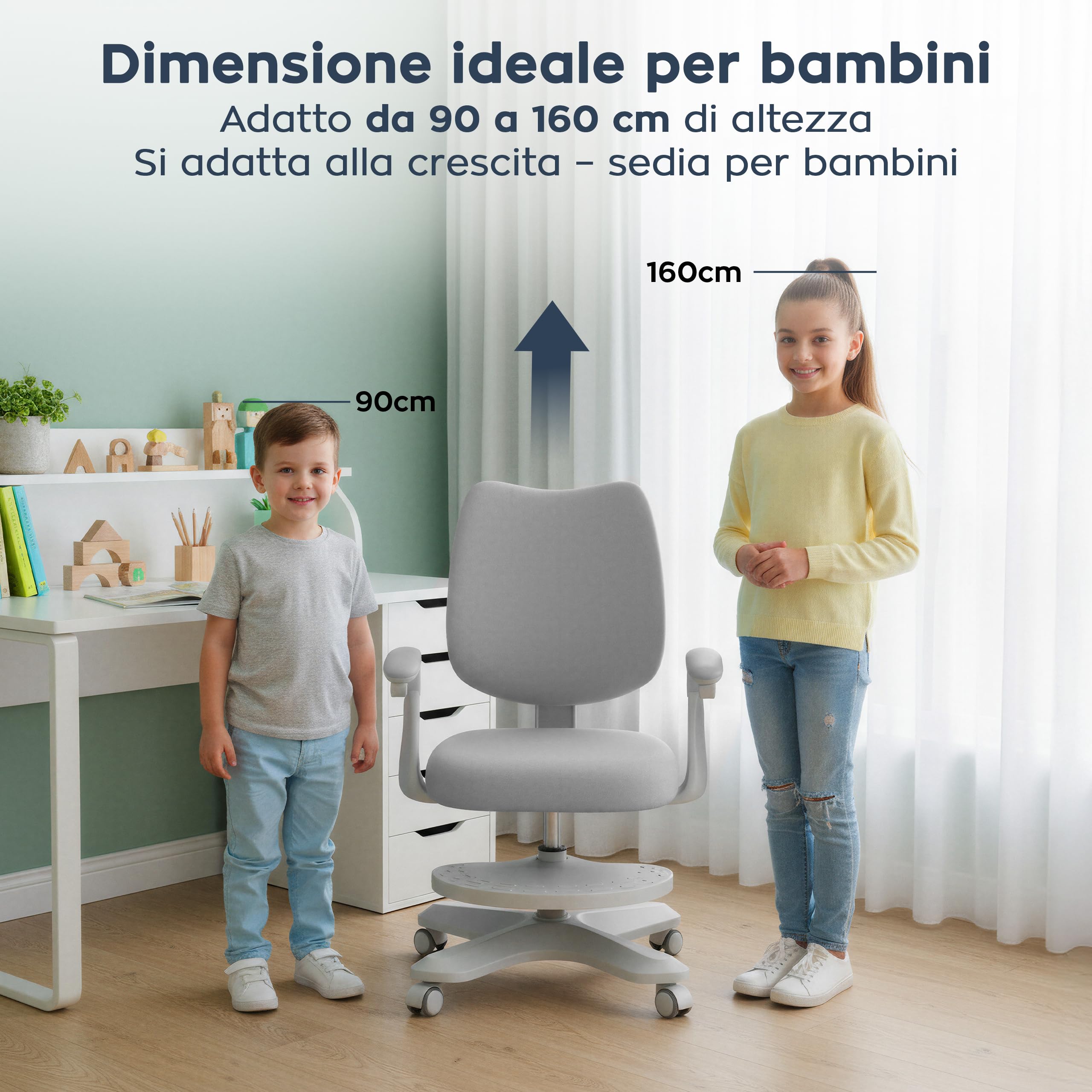 MARK ADLER Junior 4.6 Sedia ergonomica per bambini da scrivania girevole - altezza regolabile - schienale regolabile - rotazione a 360° - braccioli pieghevoli - ruote di gravità - poggiapiedi – Grigio