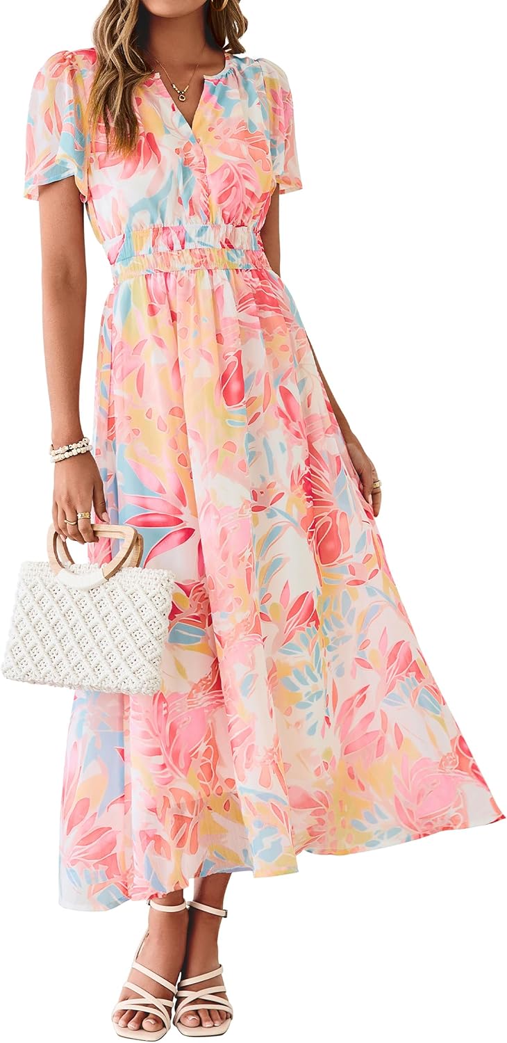 Simplee Women Floral Summer Maxi Dress Boho Flowy Casual Chiffon Short Sleeves V Neck Long Wedding Guest Dresses