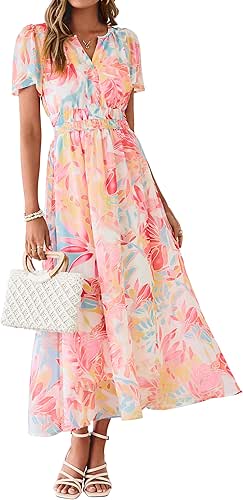 Simplee Women Floral Summer Maxi Dress Boho Flowy Casual Chiffon