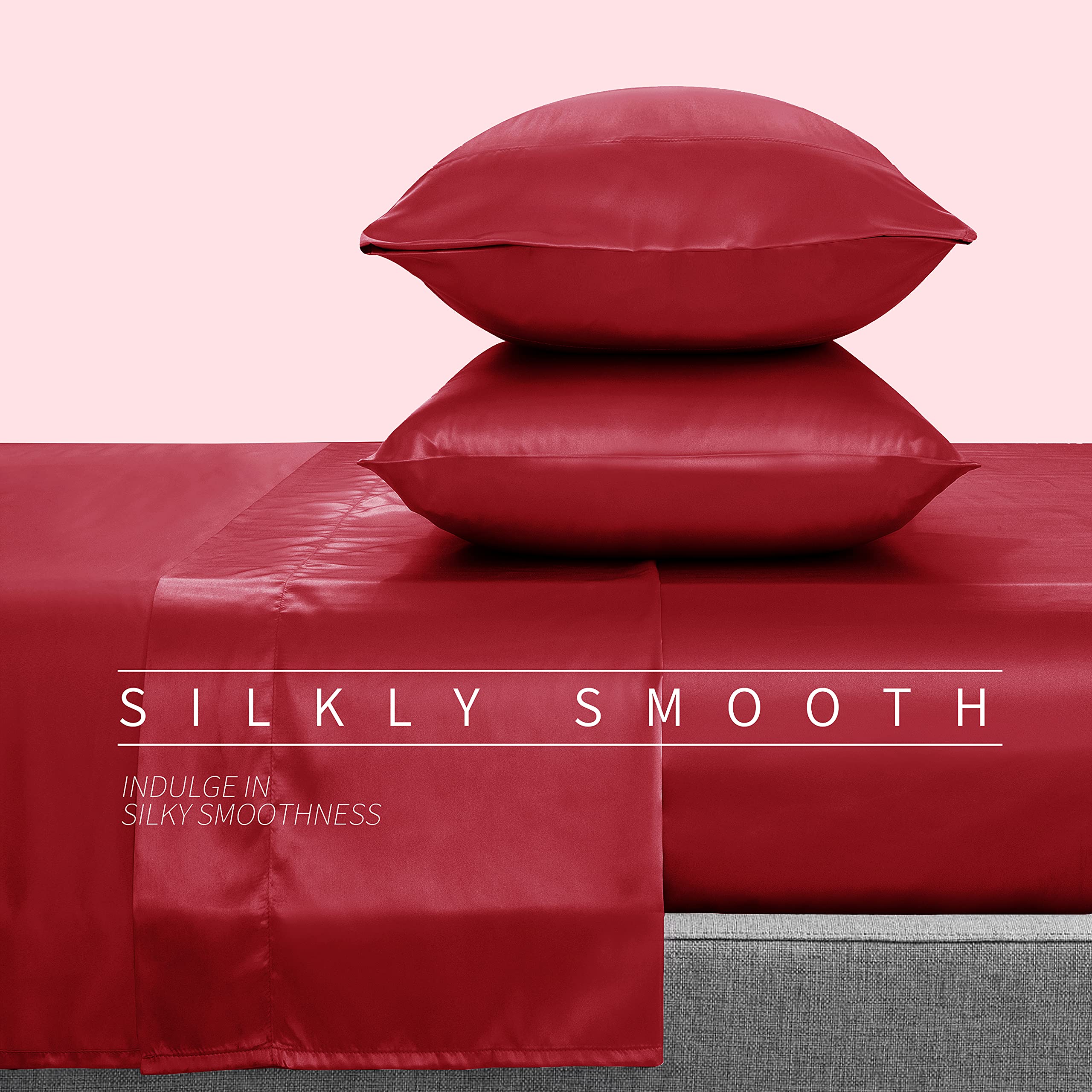 Set di lenzuola in raso rosso, 4 pezzi, per letto queen size, 1 lenzuolo con angoli profondi, 1 lenzuolo piatto, 2 federe
