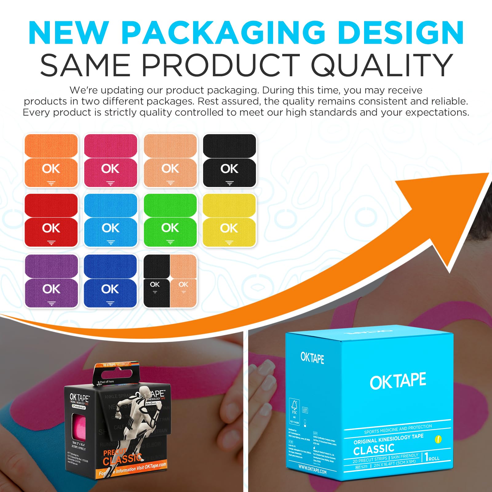 Ok Tape - Cinta de kinesiología clásica, enrollada, elástica, precortada, en forma de I, cinta de algodón terapéutico sin látex, 25 cm por cada tira, 5 cm de ancho, 5 metros de longitud total, Rosado