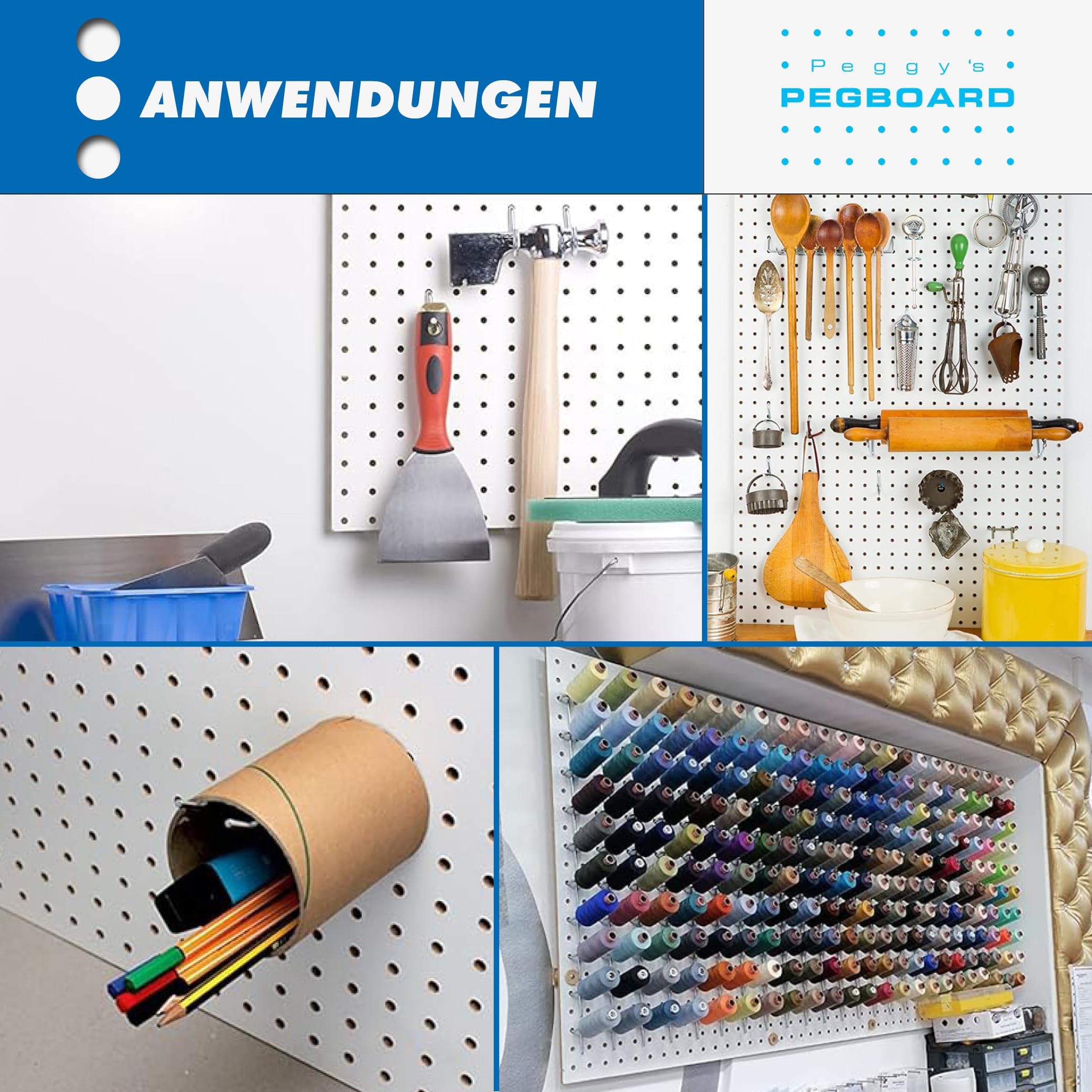Pegboard Werkzeugwand aus Holz (MDF) inkl. 67-teiligem Hakenset - 120x60x0,5cm weiß/braun, Ø7mm Löcher & 25,4mm Lochabstand - für Werkstatt und mehr - FSC-zertifiziert & Made in Germany