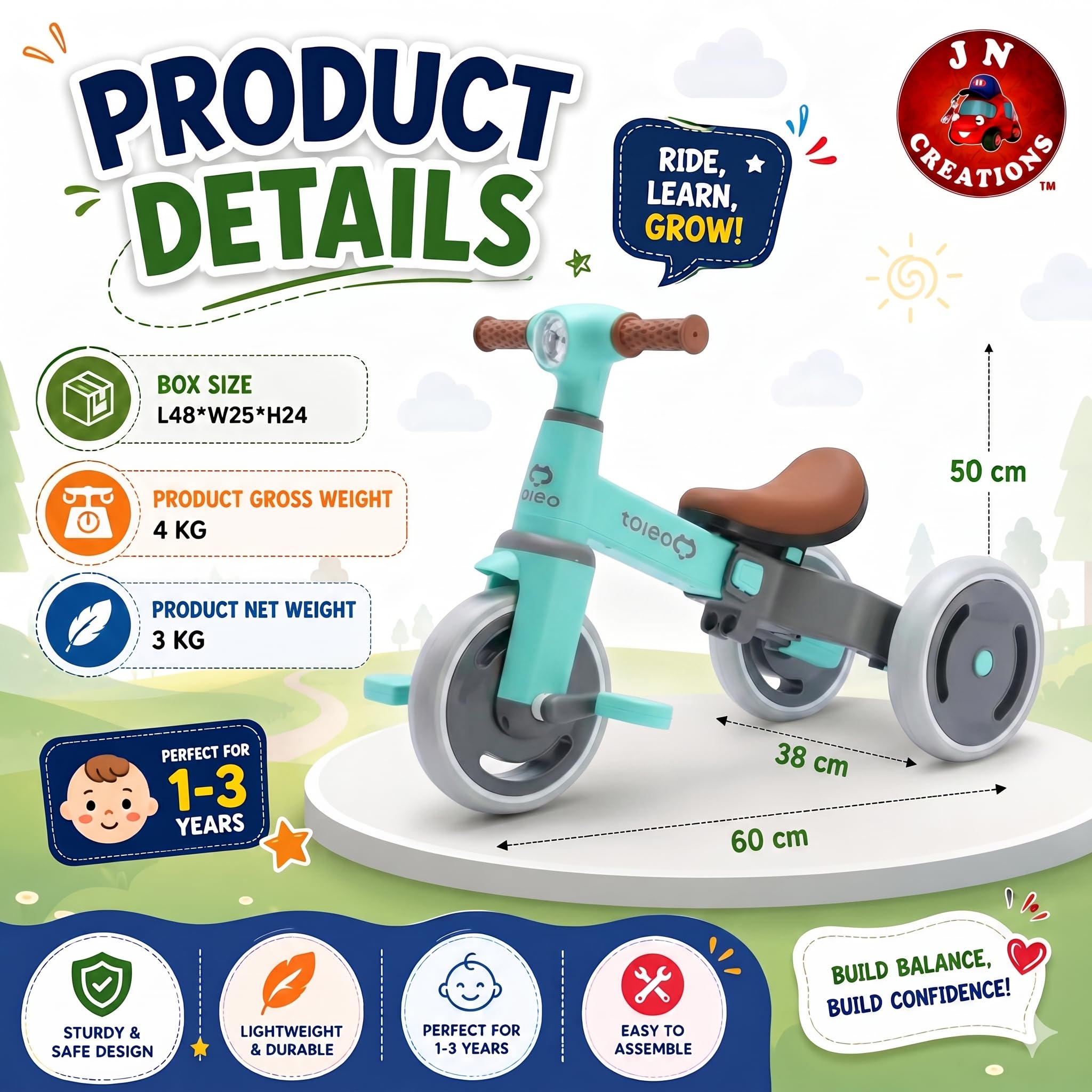 JN Creations 3-in-1 Toddler Tricycle | Slide, Pedal & Balance Bike for Kids | Leather Seat, Silent Wheels & Sturdy Frame | Ideal for 10 Months to 3 Years (Tiffany Blue) 3
